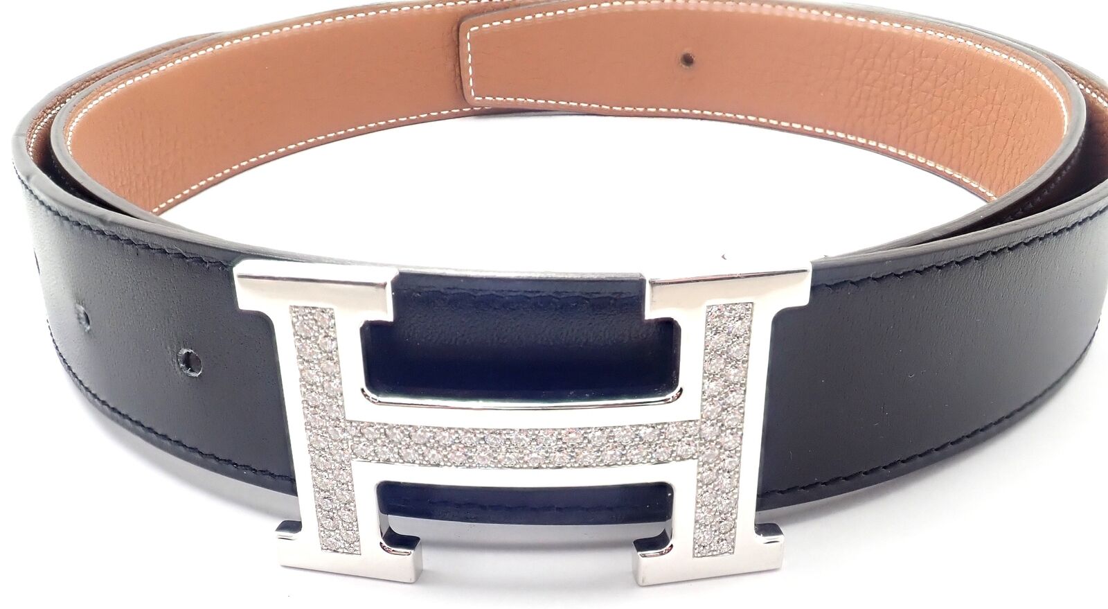 Authentic! Hermes 18k White Gold 3.79ct Diamond Large H Buckle