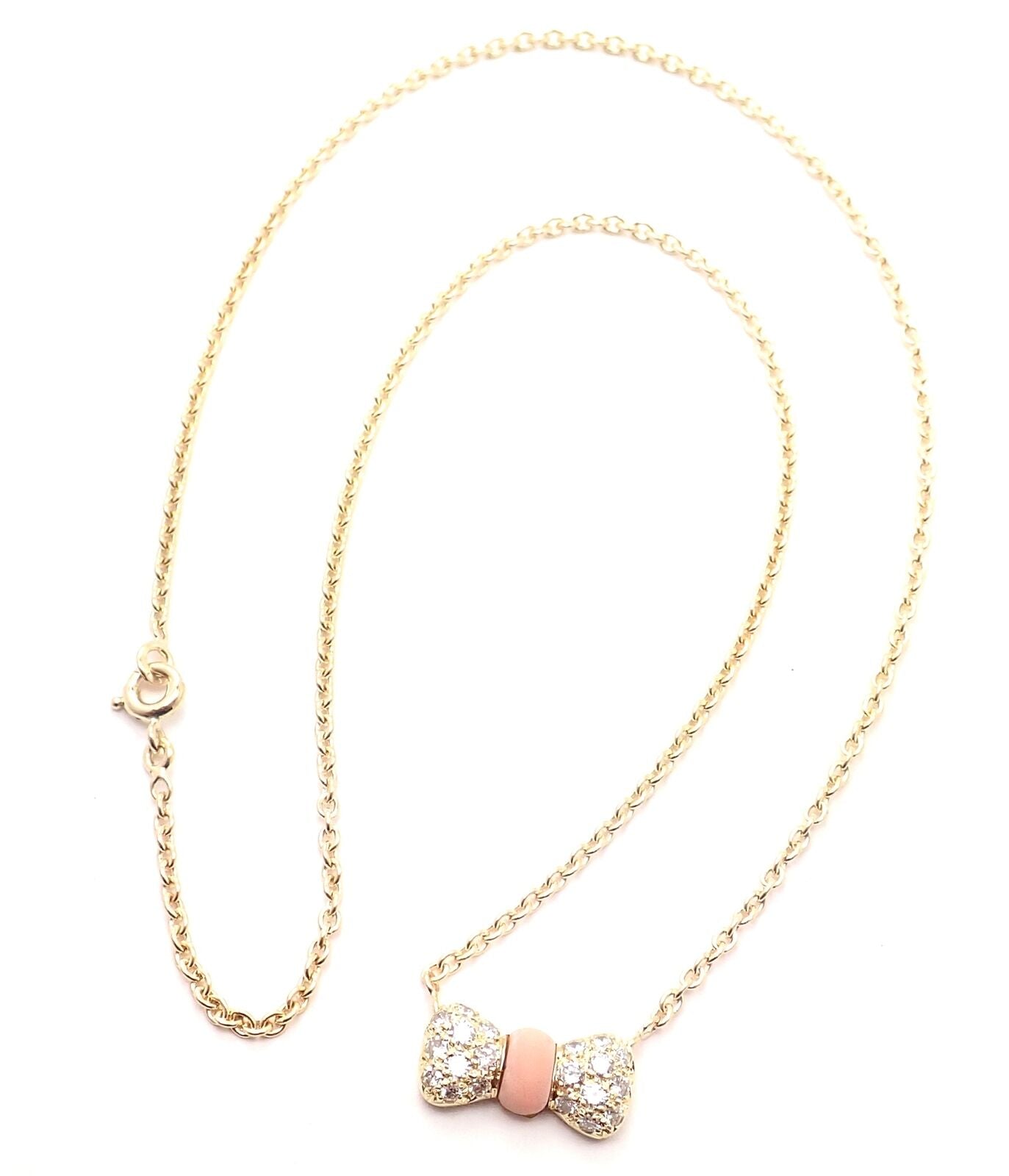 Authentic! Van Cleef & Arpels 18k Yellow Gold Diamond Coral Bow Pendant Necklace | Fortrove