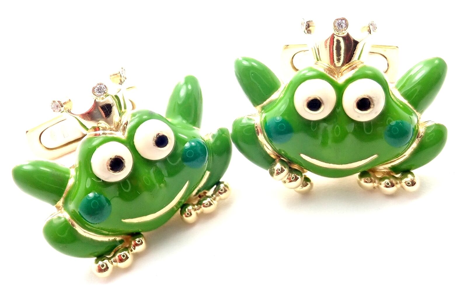 Authentic! Aaron Basha 18k Yellow Gold Diamond Enamel Frog Prince Cufflinks | Fortrove