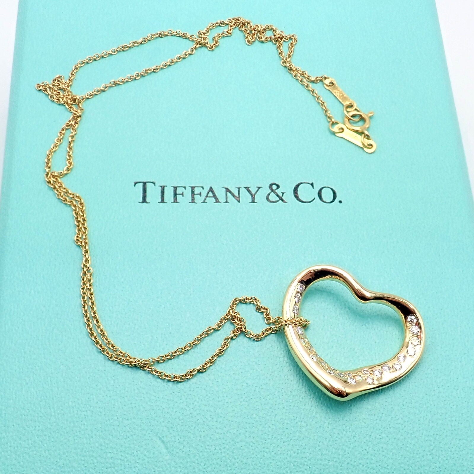 Authentic! Tiffany & Co Elsa Peretti 18k Yellow Gold Diamond Open Heart Necklace | Fortrove