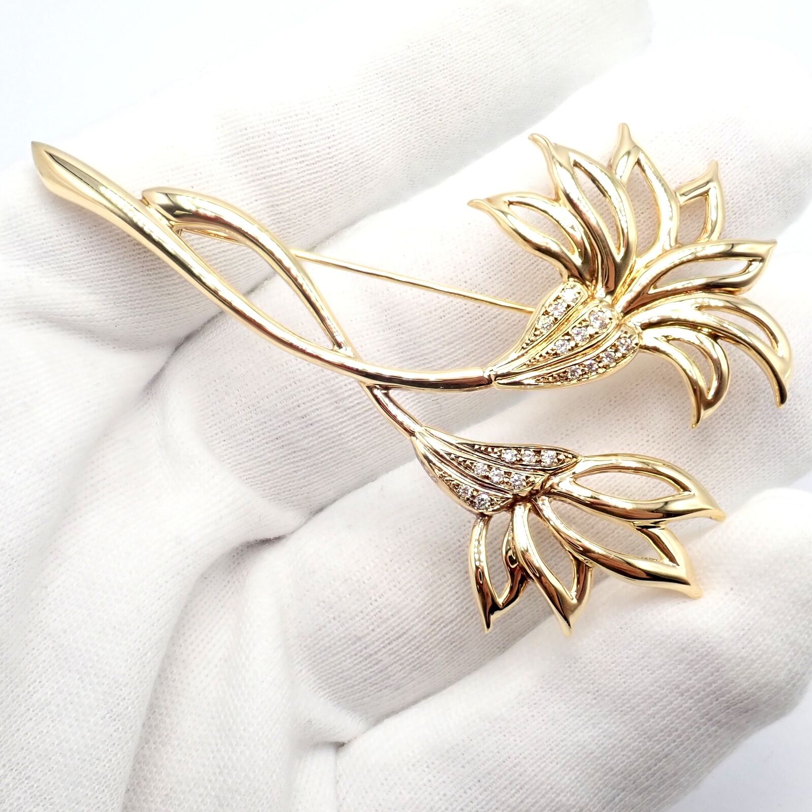 Rare! Vintage Mikimoto 18k Yellow Gold Diamond Large Double Flower Brooch | Fortrove