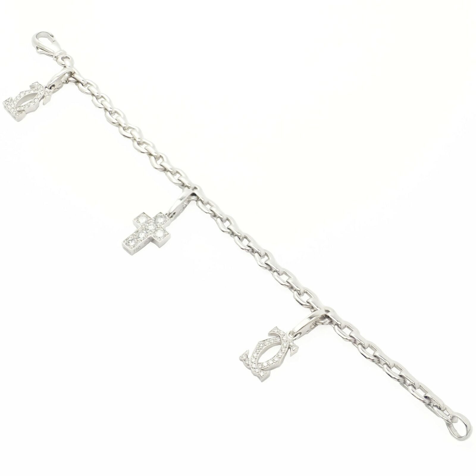 Authentic! Cartier 18k White Gold 3 Charm Bracelet with Diamond Cross Double C's | Fortrove