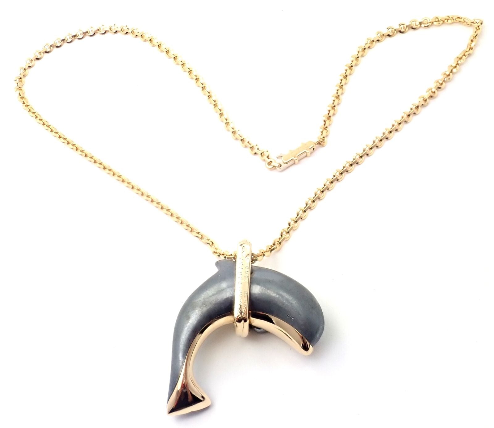Rare! Authentic Cartier 18k Yellow Gold Hematite Dolphin Pendant Link Necklace | Fortrove