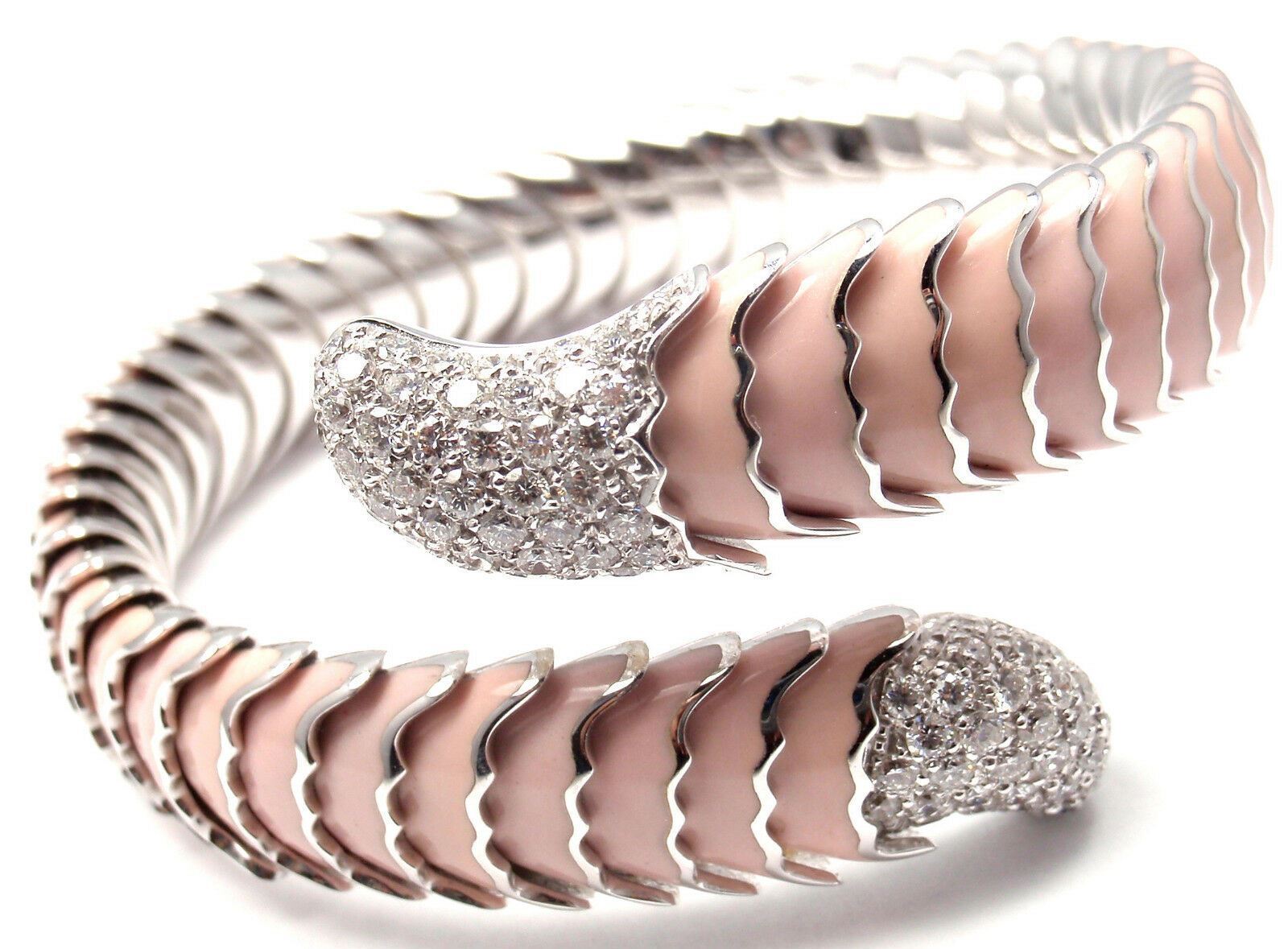 Authentic! Roberto Coin 18k White Gold Enamel Ruby Diamond Cobra Bangle Bracelet | Fortrove