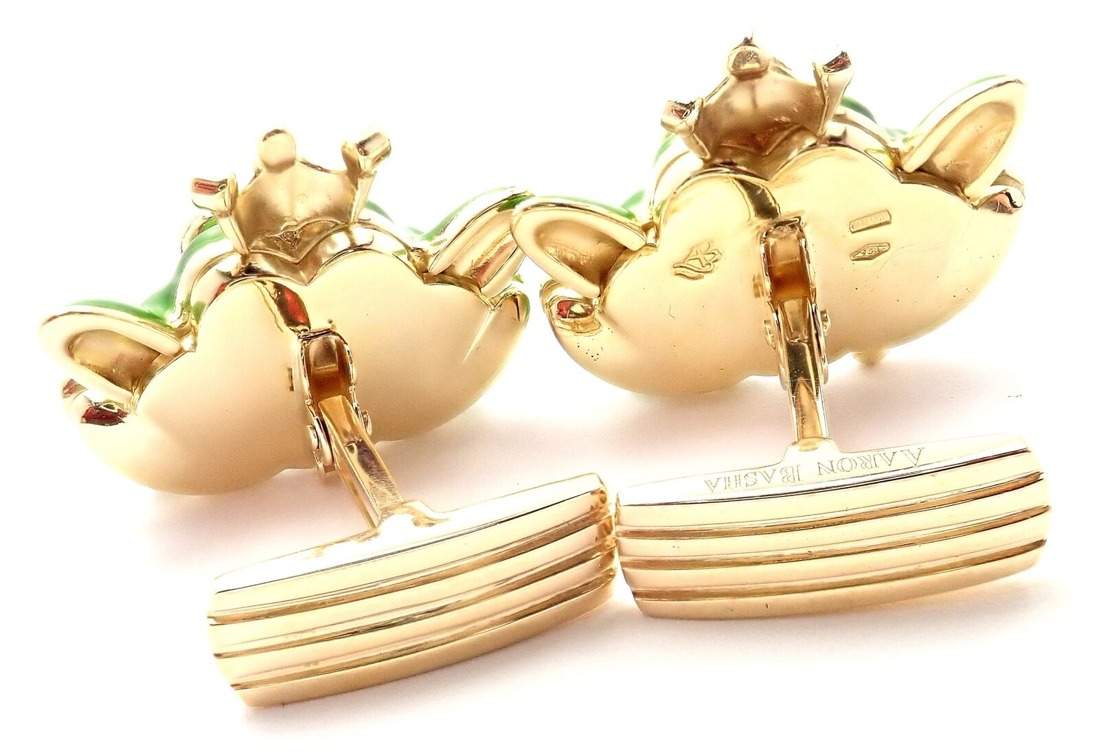 Authentic! Aaron Basha 18k Yellow Gold Diamond Enamel Frog Prince Cufflinks | Fortrove
