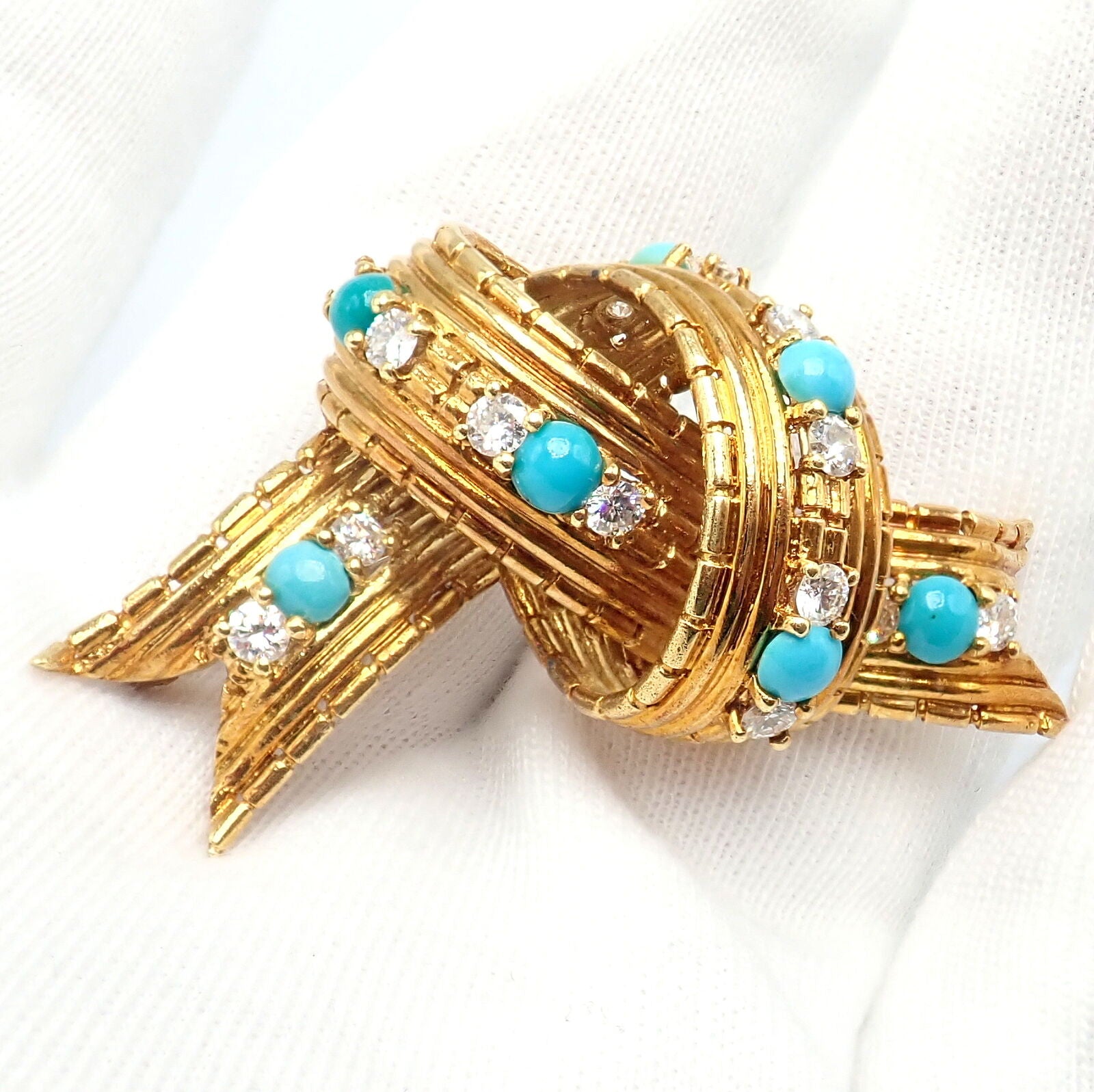 Vintage Tiffany & Co. 18k Yellow Gold Diamond Turquoise Bamboo Bow Pin Brooch | Fortrove
