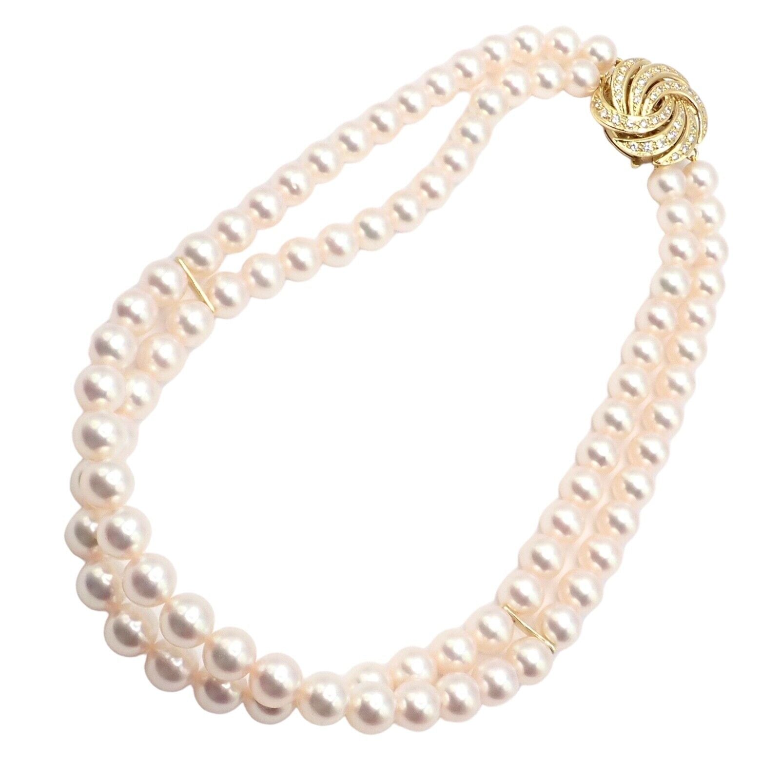 Authentic! Mikimoto 18k Yellow Gold Diamond Double Strand 8mm Pearl Necklace | Fortrove