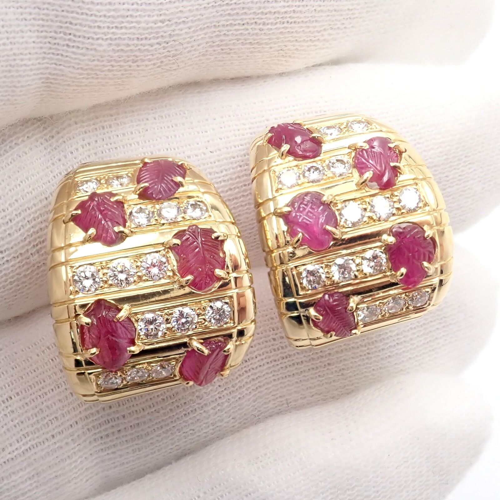 Rare Vintage! Andrew Clunn 18k Yellow Gold Diamond Carved Leaf Ruby Earrings | Fortrove