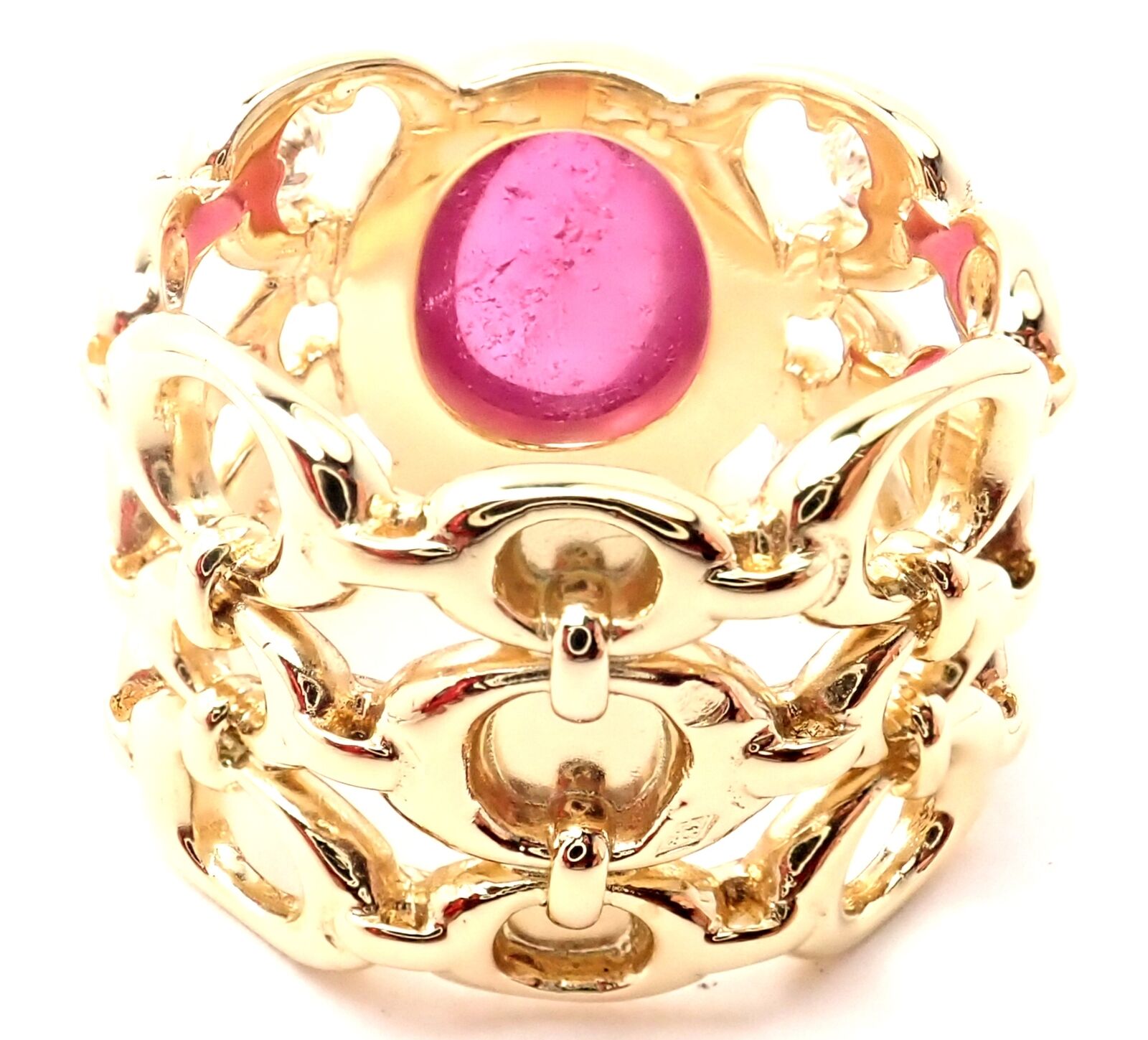 Authentic Christian Dior 18k Yellow Gold Diamond Large Pink Tourmaline Band Ring | Fortrove