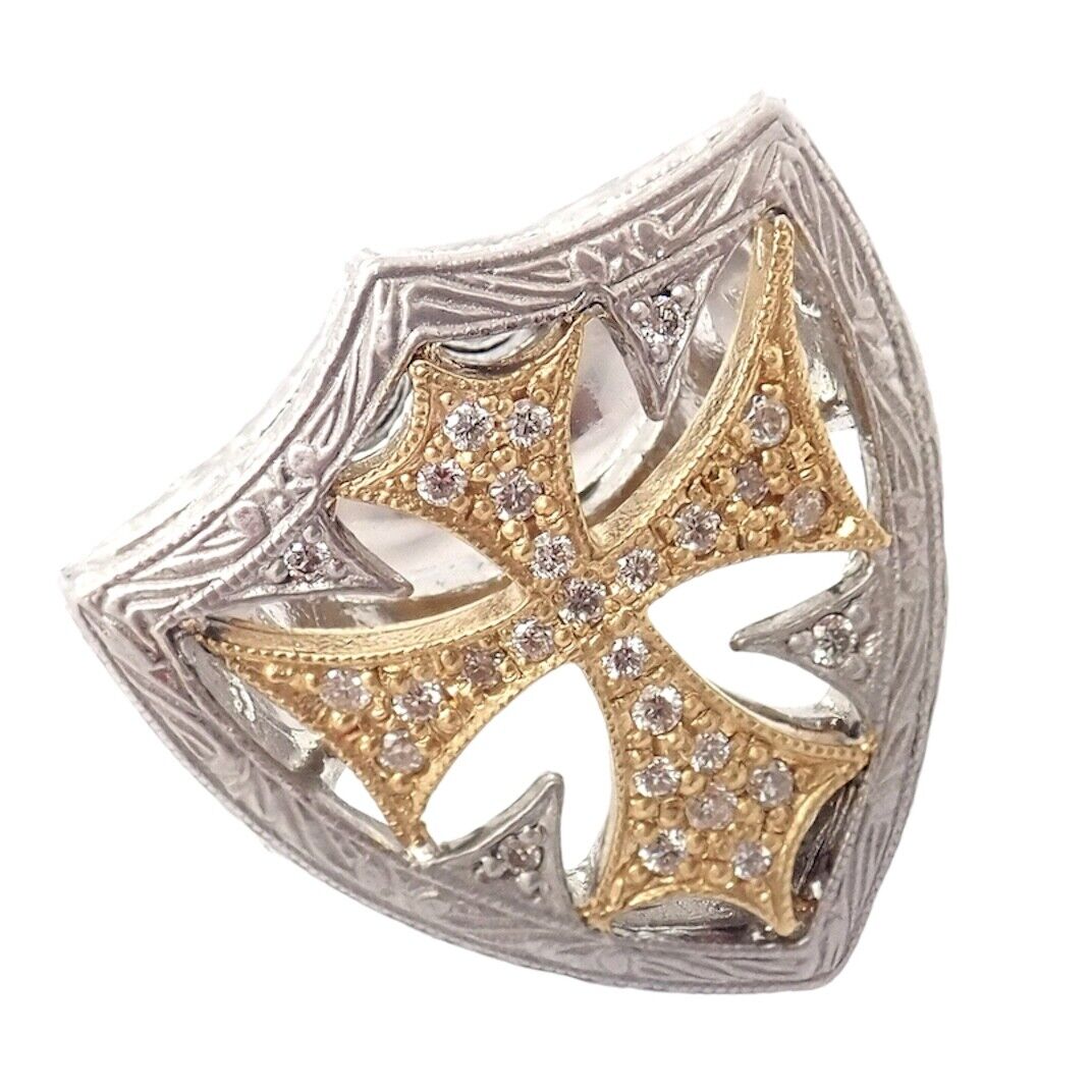 Authentic Loree Rodkin 18k White Yellow Gold Diamond Cross Shield Crest Ring | Fortrove