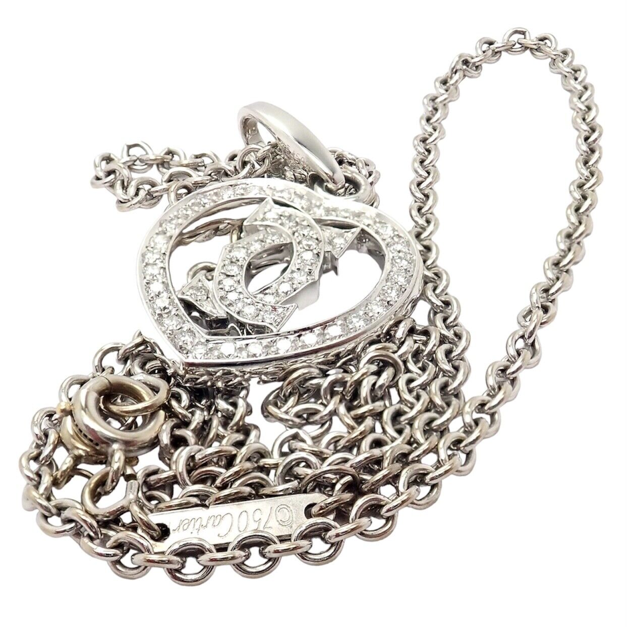 Authentic! Cartier Double C Heart 18k White Gold Diamond Pendant Necklace | Fortrove