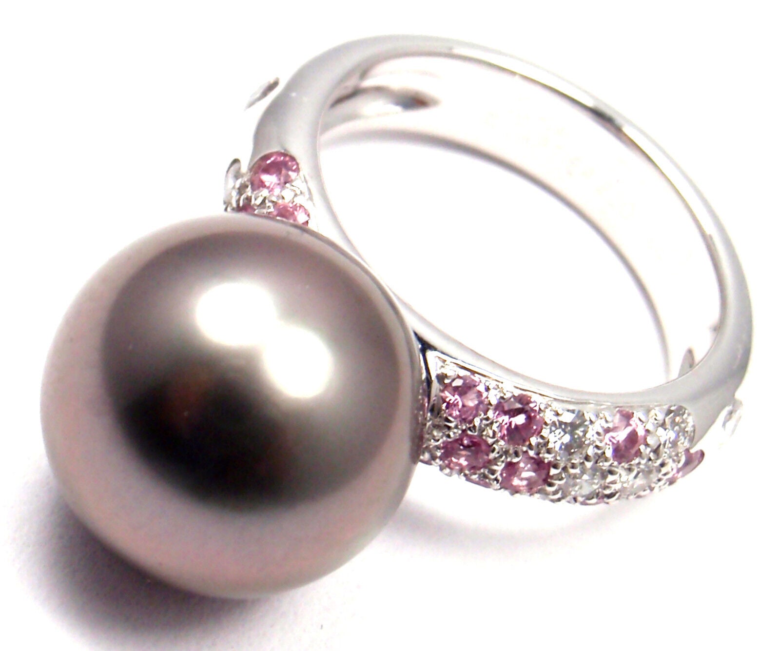 Authentic! Cartier 18K White Gold Tahitian Pearl Diamond Pink Sapphire Ring | Fortrove