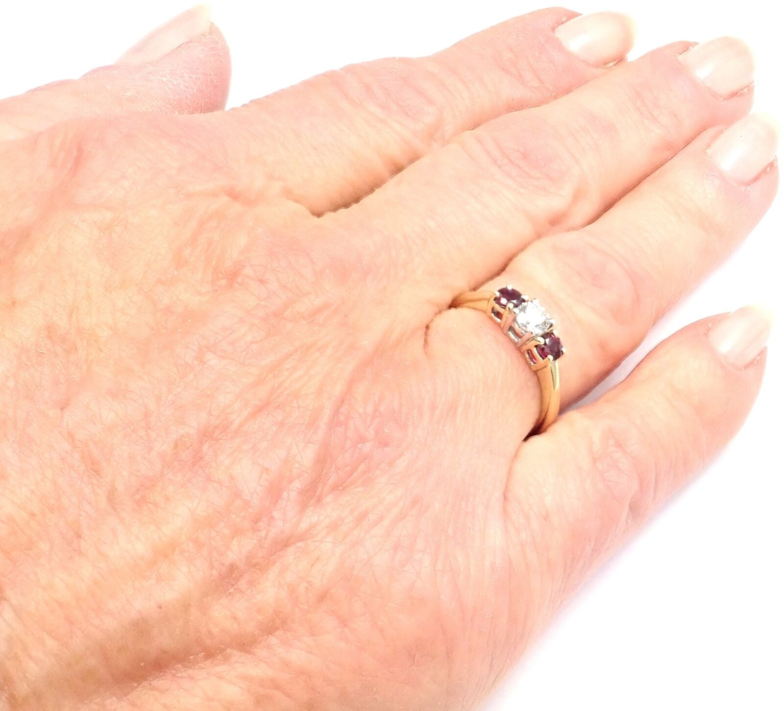 Authentic! Tiffany & Co 18k Gold Platinum Three Stone Diamond Ruby Band Ring | Fortrove