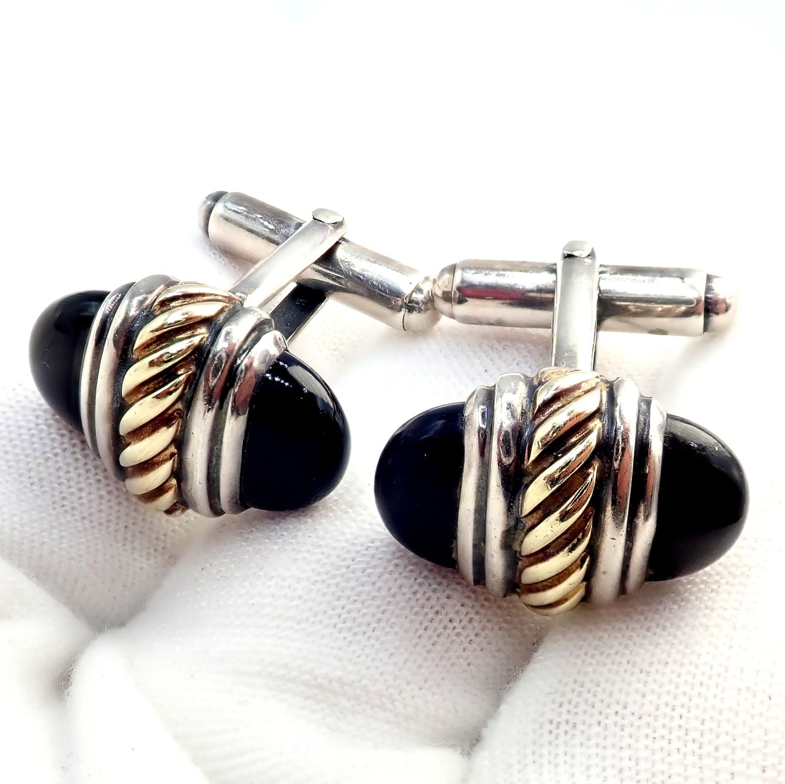 David Yurman Jewelry & Watches:Men's Jewelry:Cufflinks Authentic! David Yurman DY Silver 14k Yellow Gold Onyx Double Oval Cufflinks