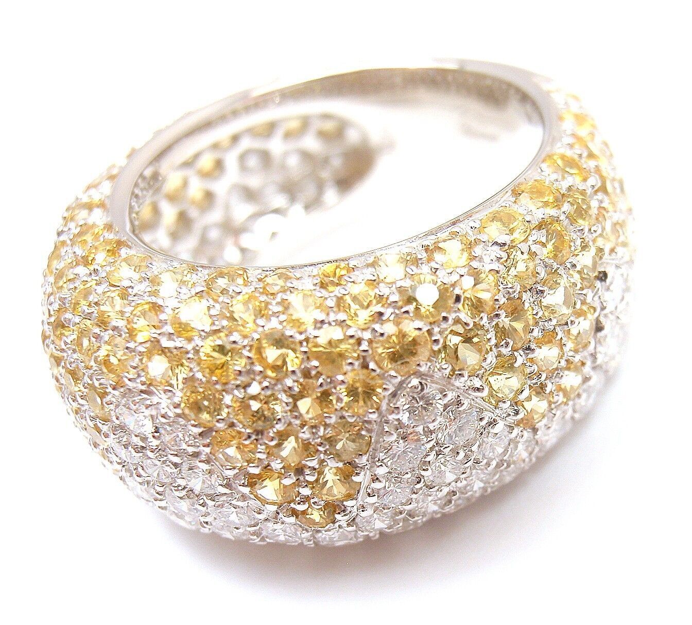 Authentic! Chopard 18k White Gold Yellow Sapphire Diamond Wave Wide Band Ring | Fortrove