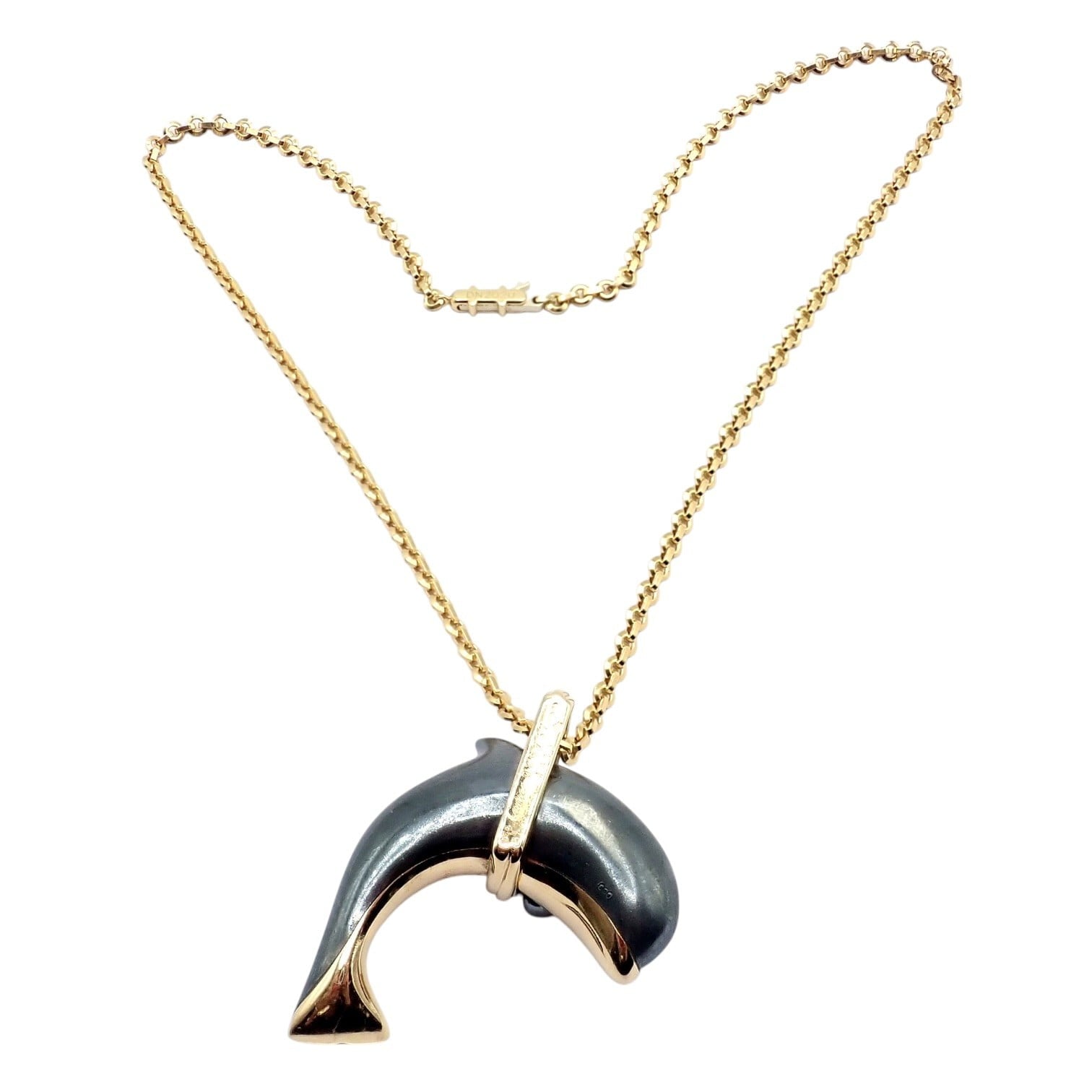 Rare! Authentic Cartier 18k Yellow Gold Hematite Dolphin Pendant Link