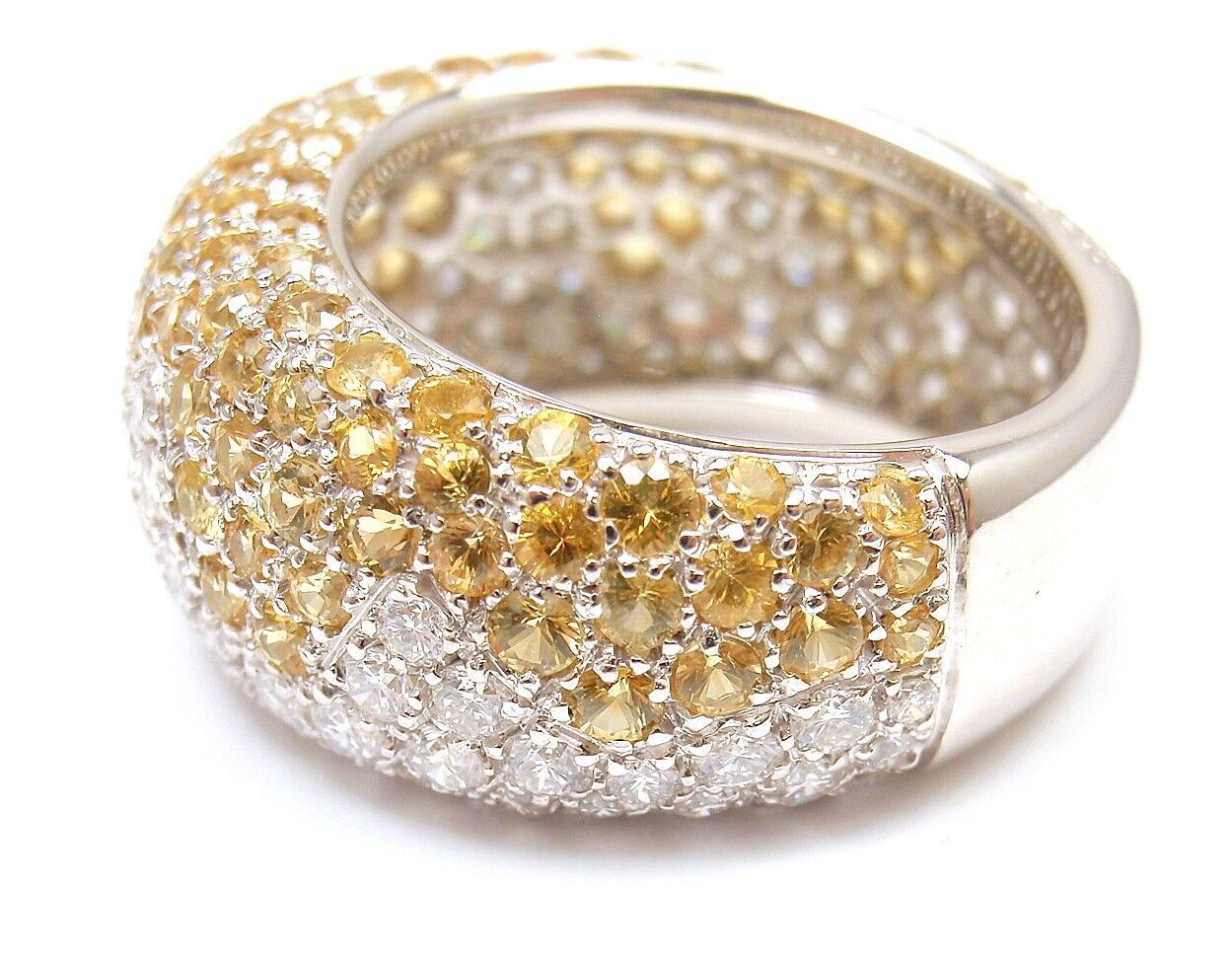 Authentic! Chopard 18k White Gold Yellow Sapphire Diamond Wave Wide Band Ring | Fortrove