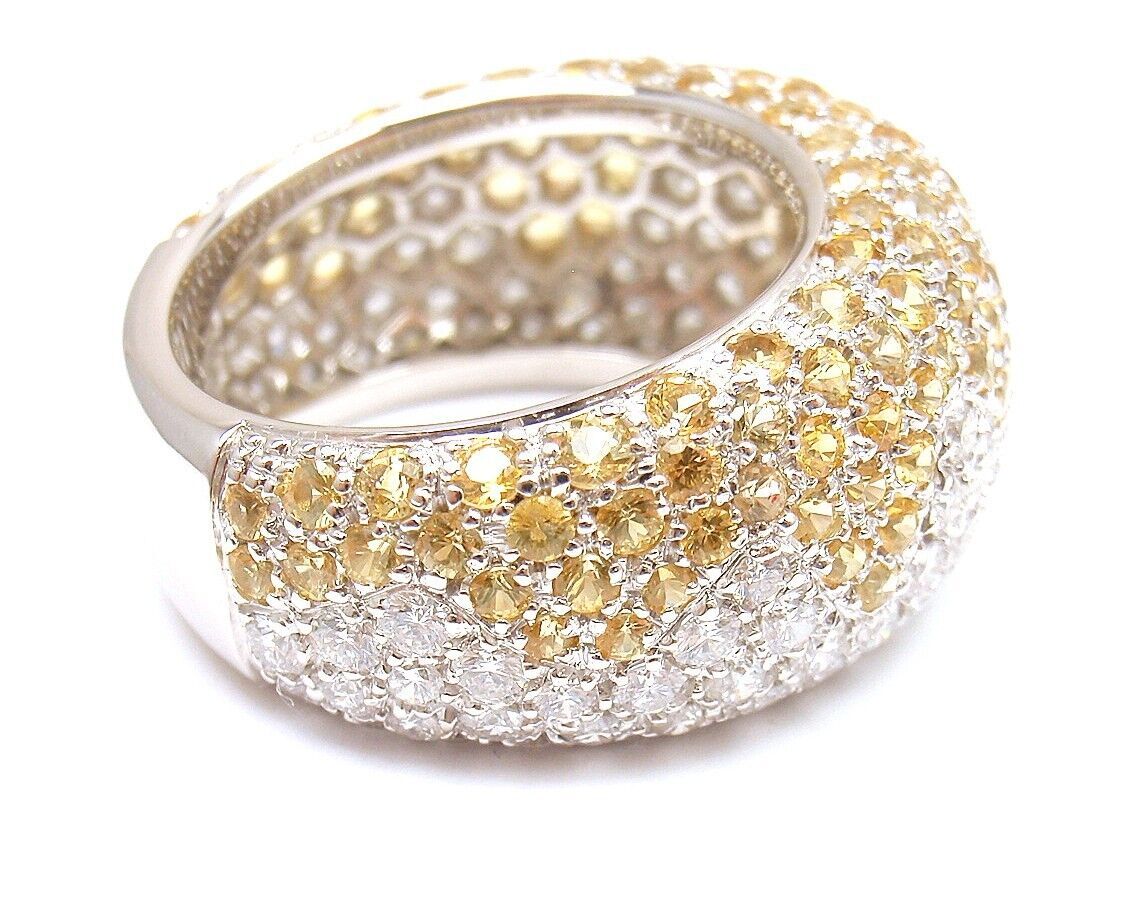 Authentic! Chopard 18k White Gold Yellow Sapphire Diamond Wave Wide Band Ring | Fortrove