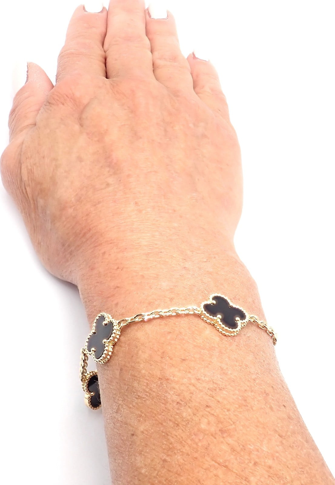 Authentic! Van Cleef & Arpels 18k Yellow Gold 5 Motif Onyx Alhambra Bracelet | Fortrove