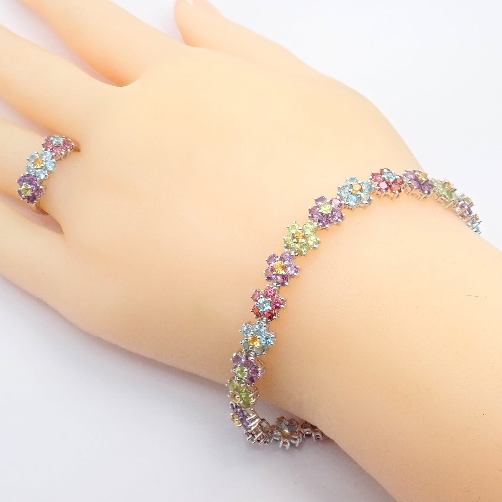 Estate Jewelry & Watches:Fine Jewelry:Jewelry Sets Estate 18k White Gold Color Stone Flower Necklace Ring Bracelet Earrings Set 52g