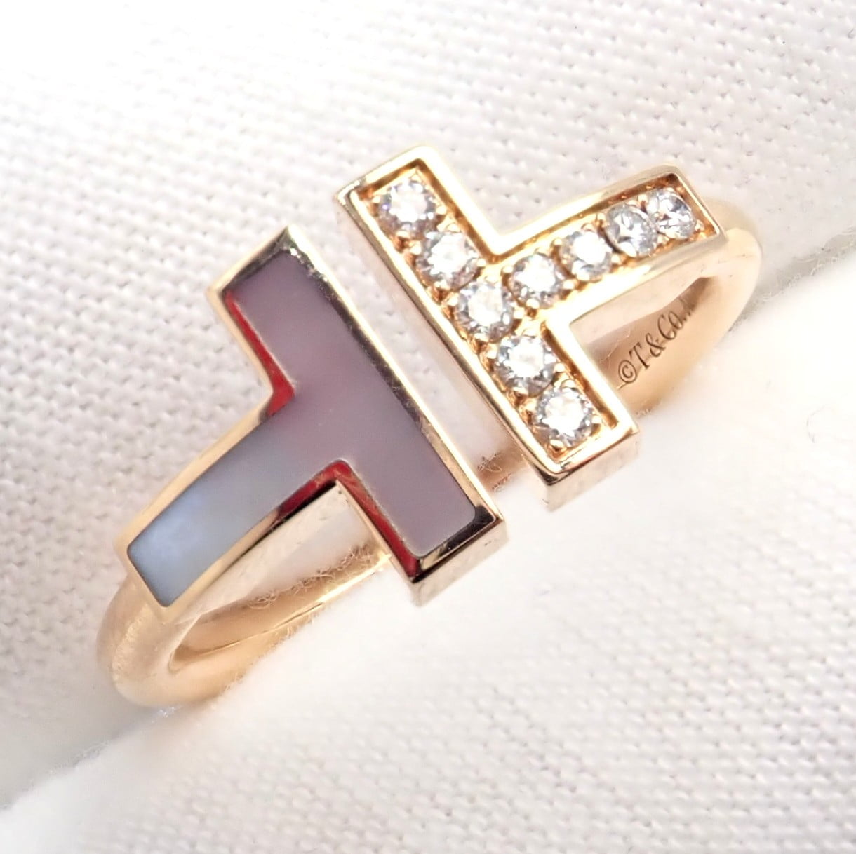 Tiffany & Co. Jewelry & Watches:Fine Jewelry:Rings Authentic Tiffany & Co. 18k Yellow Gold Diamond Mother of Pearl T Wire Ring sz 6