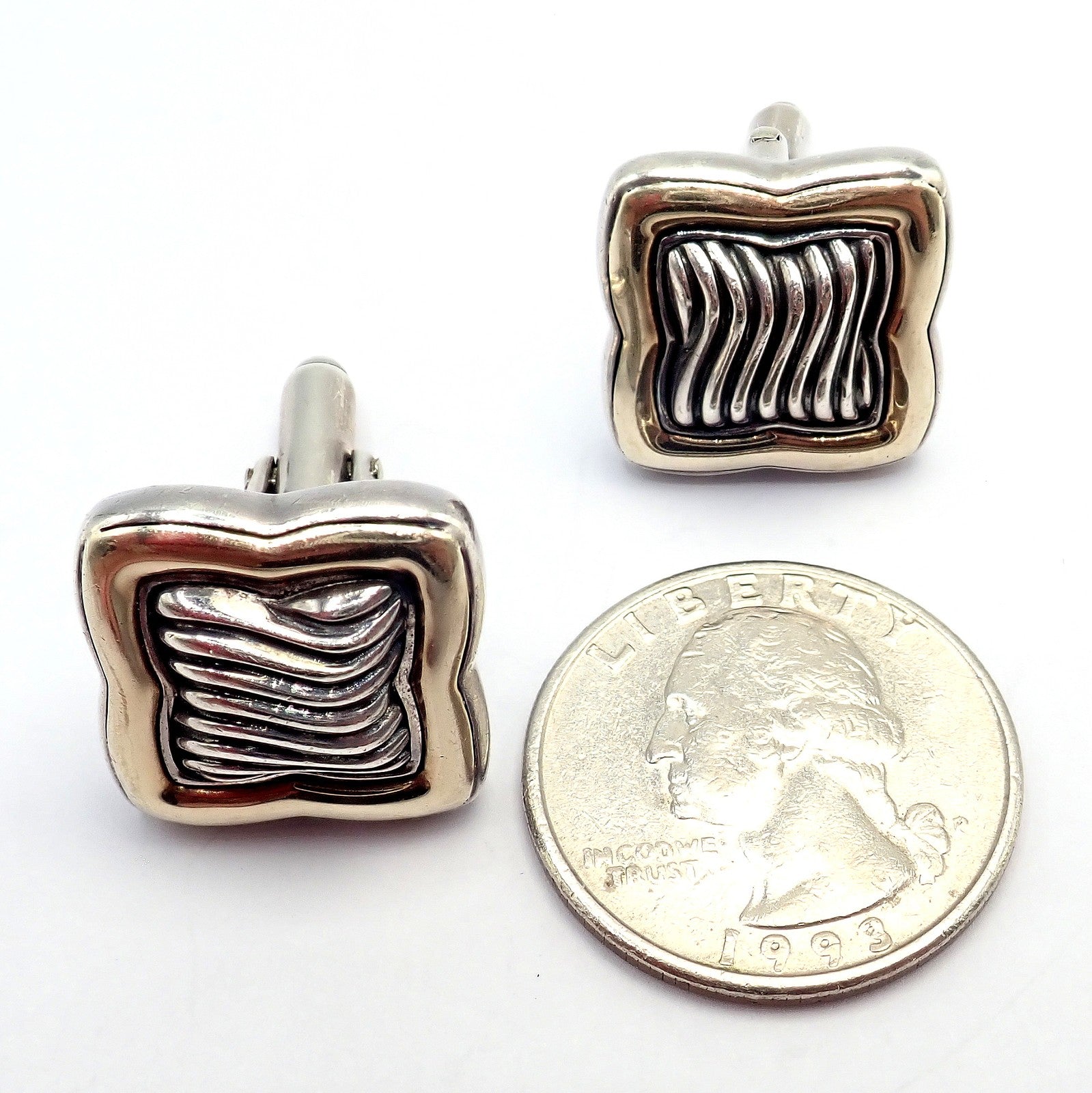 Authentic! David Yurman DY Silver 18k Yellow Gold Large Quatrefoil Cufflinks | Fortrove