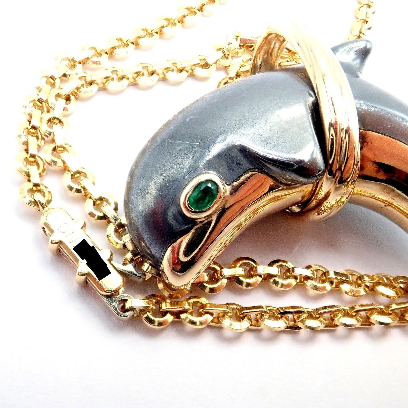 Rare! Authentic Cartier 18k Yellow Gold Hematite Dolphin Pendant Link