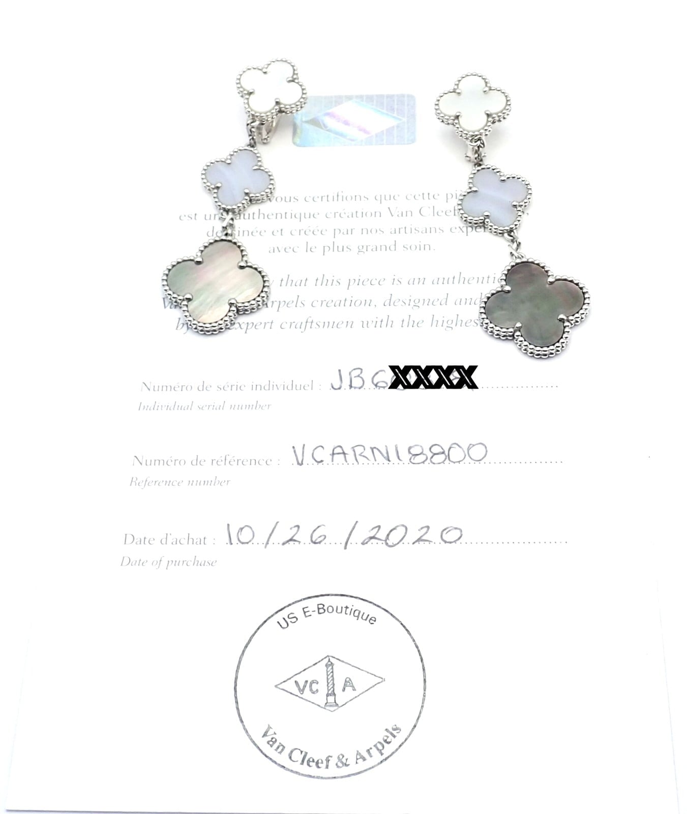 Van Cleef & Arpels Jewelry & Watches:Fine Jewelry:Earrings Van Cleef & Arpels 18k White Gold Magic Alhambra MOP Chalcedony Earrings Cert.