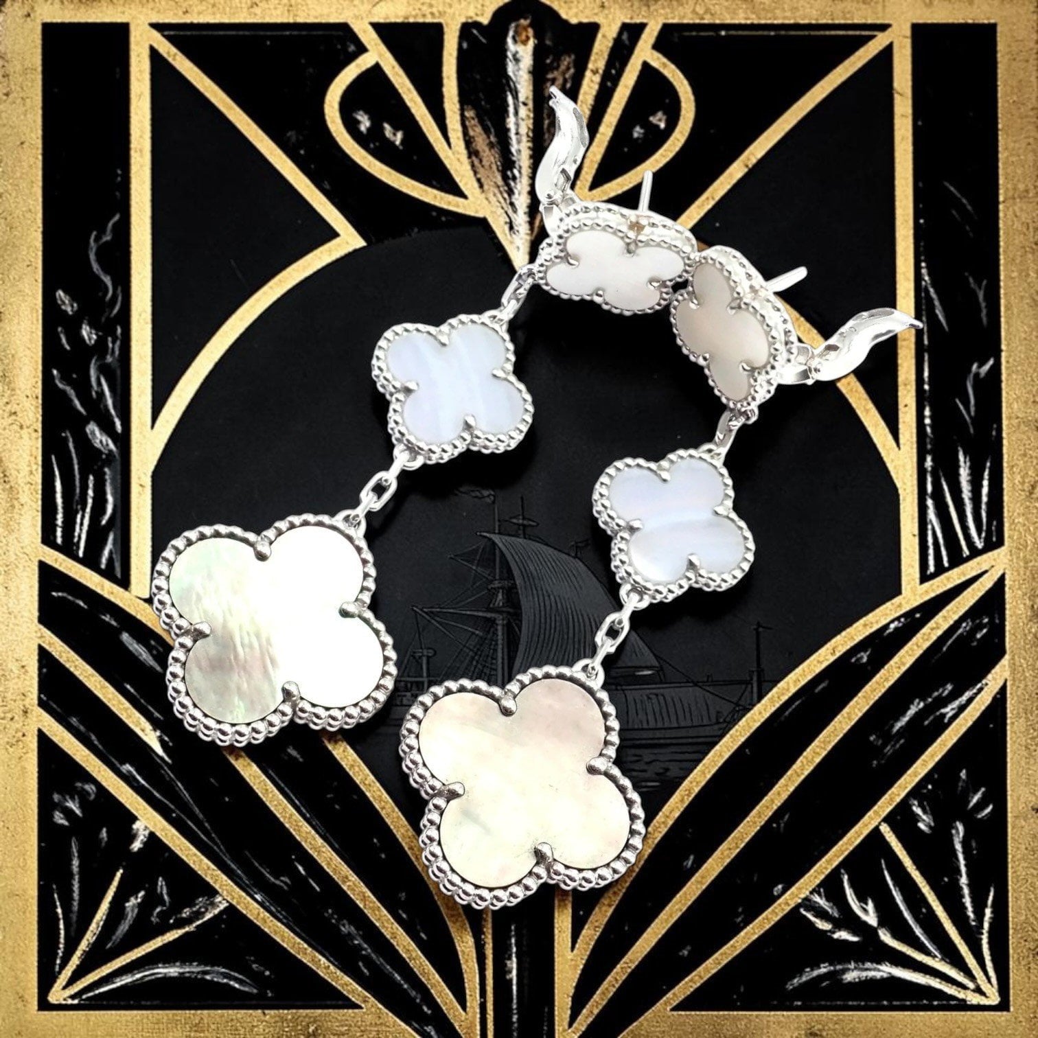 Van Cleef & Arpels Jewelry & Watches:Fine Jewelry:Earrings Van Cleef & Arpels 18k White Gold Magic Alhambra MOP Chalcedony Earrings Cert.