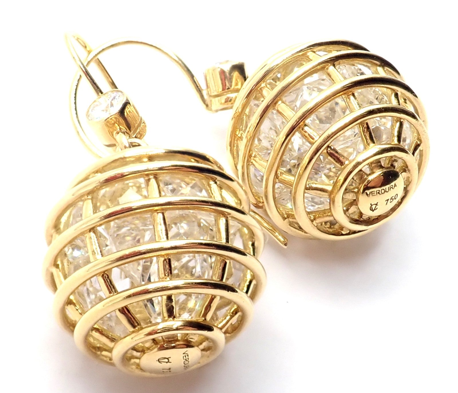 Authentic! Verdura 18k Yellow Gold Diamond Rock Crystal Caged Dropped Earrings | Fortrove