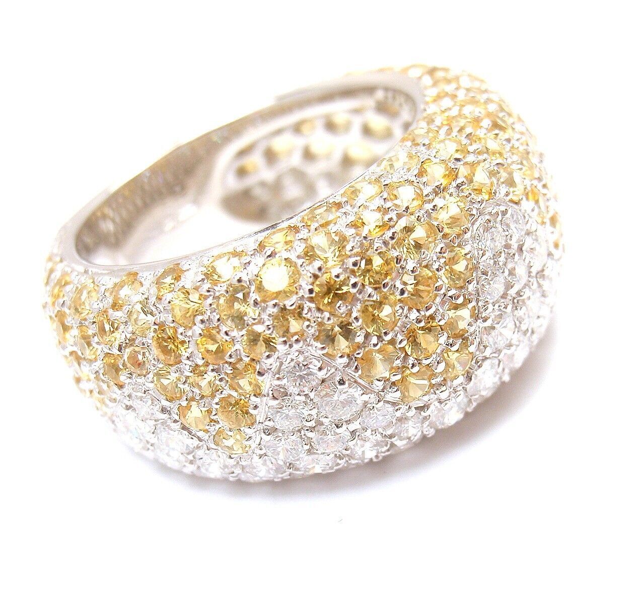Authentic! Chopard 18k White Gold Yellow Sapphire Diamond Wave Wide Band Ring | Fortrove