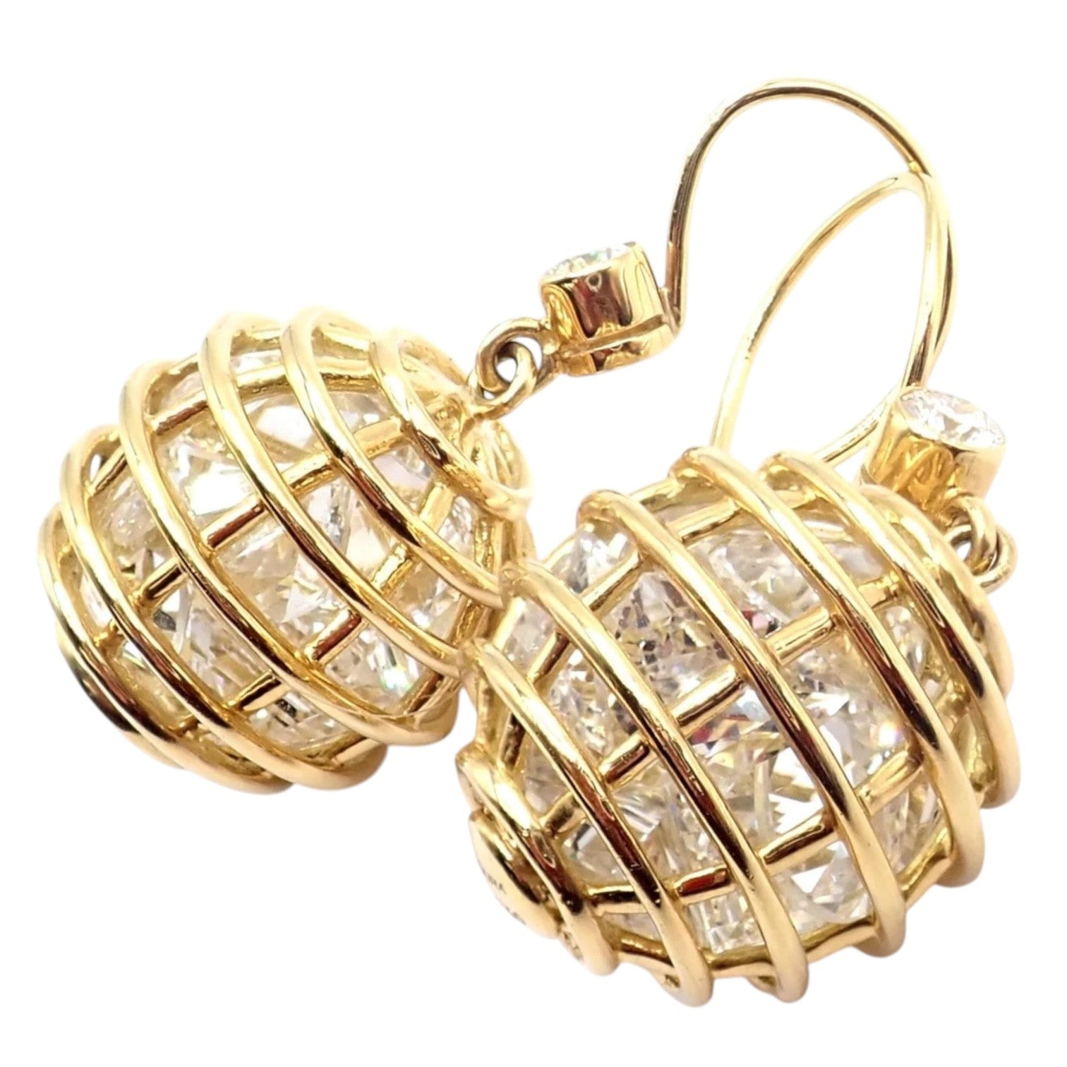 Authentic! Verdura 18k Yellow Gold Diamond Rock Crystal Caged Dropped Earrings | Fortrove