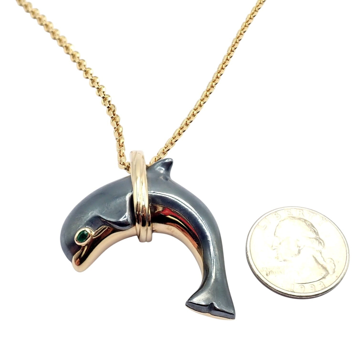 Rare! Authentic Cartier 18k Yellow Gold Hematite Dolphin Pendant Link Necklace | Fortrove