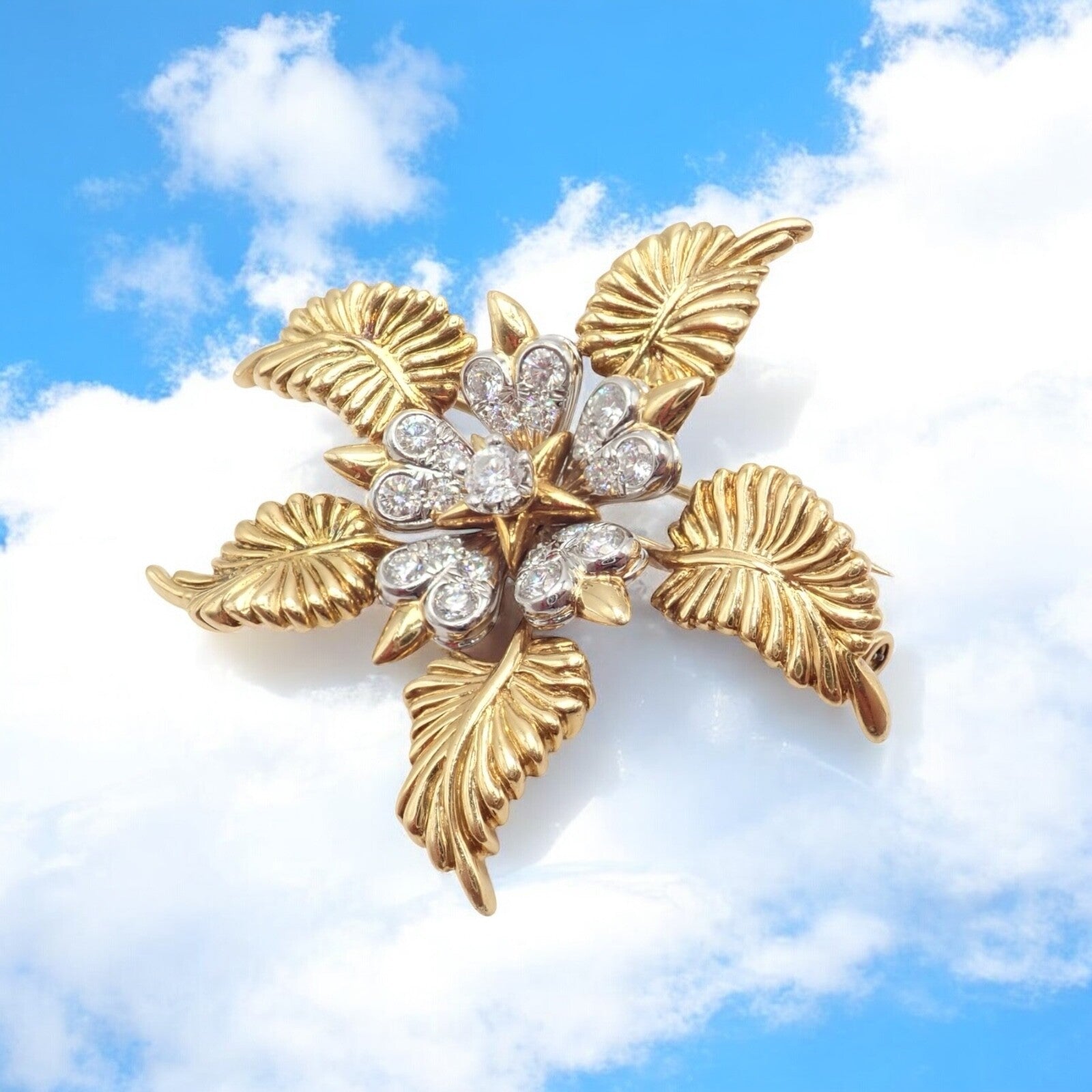 Tiffany & Co Schlumberger 18k Yellow Gold Platinum Diamond 5 Leaf Pin Brooch | Fortrove