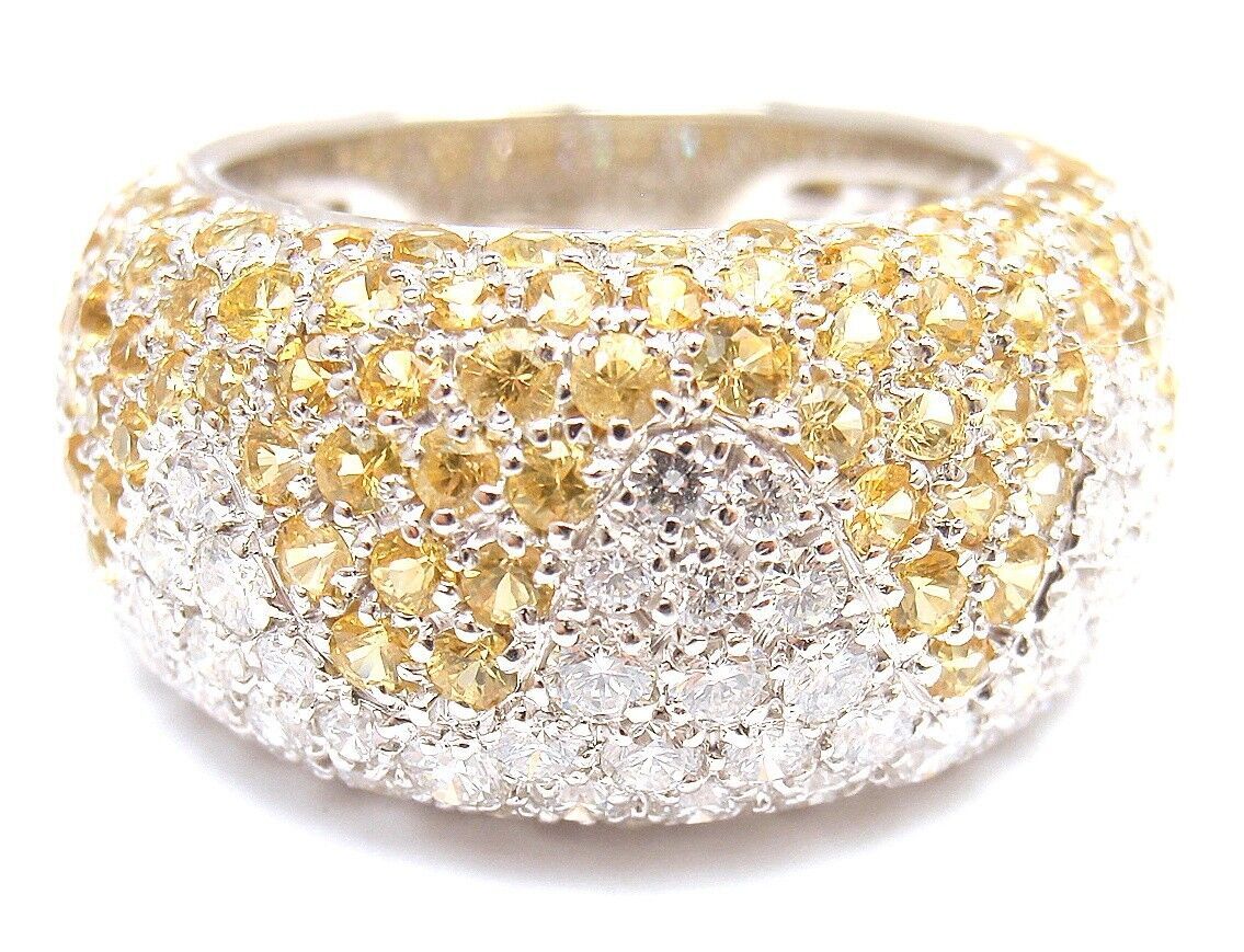 Authentic! Chopard 18k White Gold Yellow Sapphire Diamond Wave Wide Band Ring | Fortrove