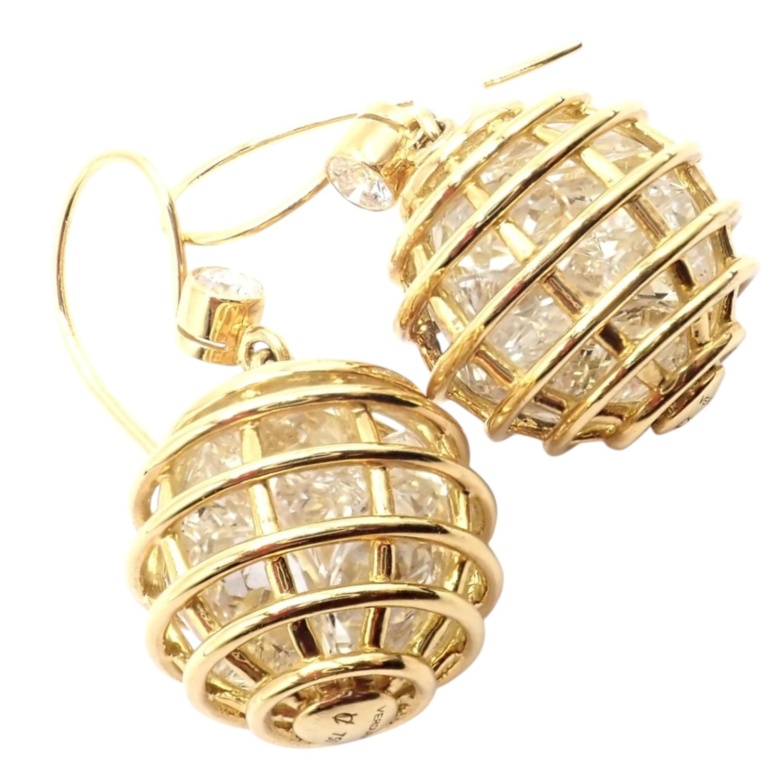 Authentic! Verdura 18k Yellow Gold Diamond Rock Crystal Caged Dropped Earrings | Fortrove