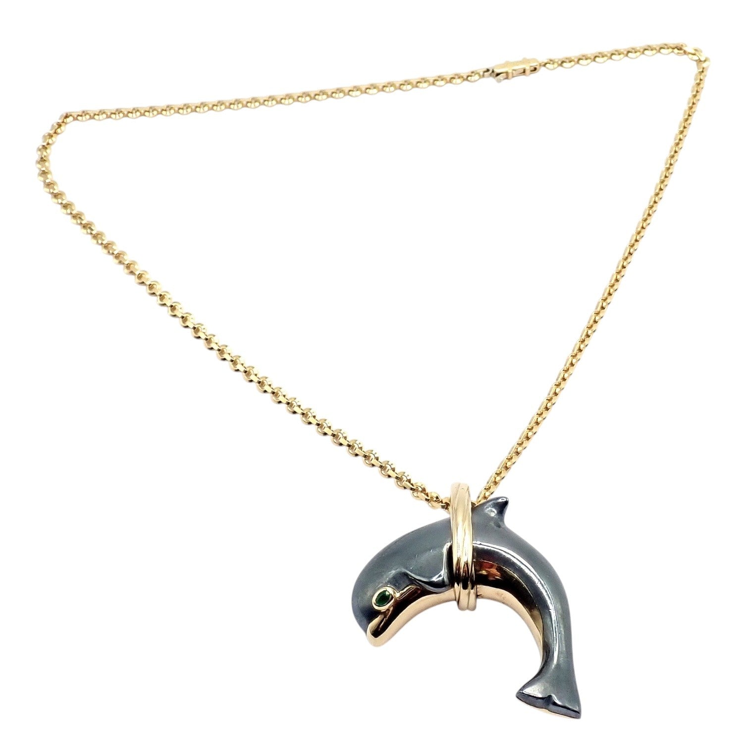 Rare! Authentic Cartier 18k Yellow Gold Hematite Dolphin Pendant Link Necklace | Fortrove
