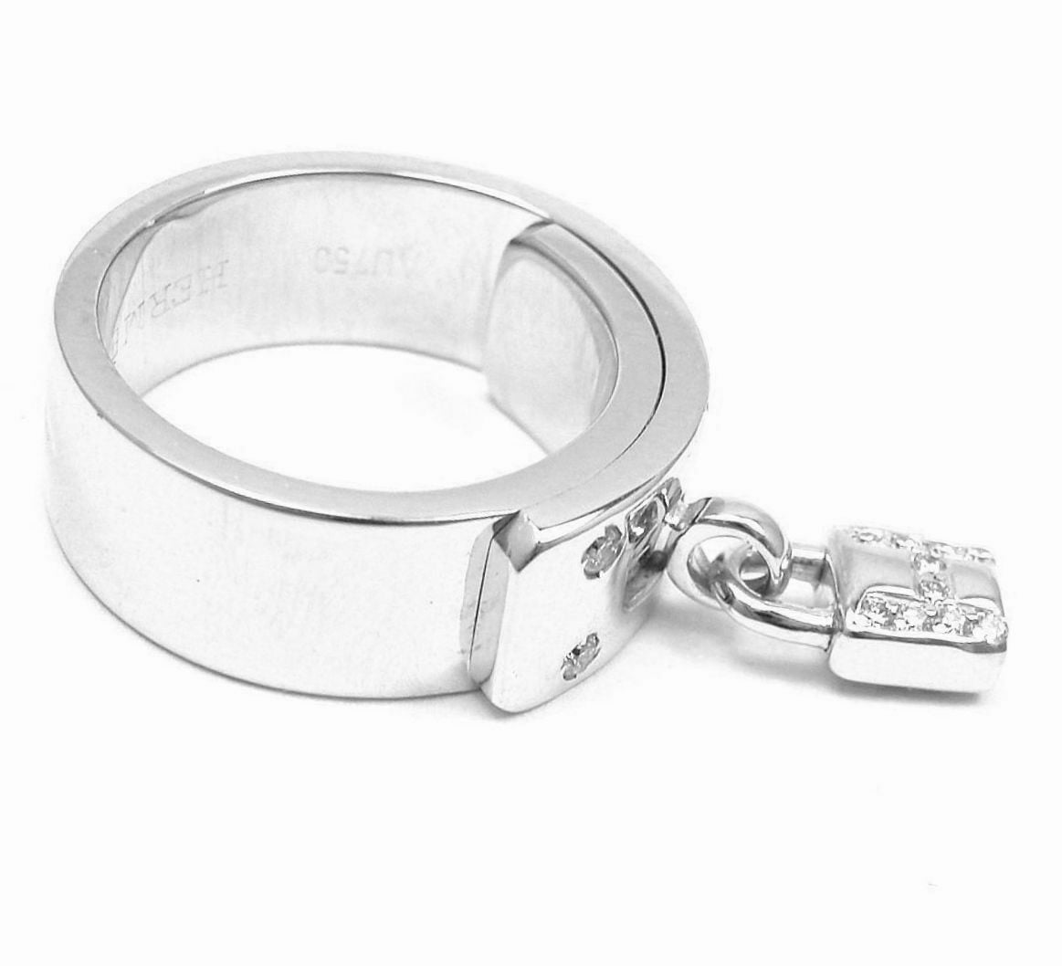 Rare! Authentic Hermes 18k White Gold "H" Lock Band Diamond Ring | Fortrove