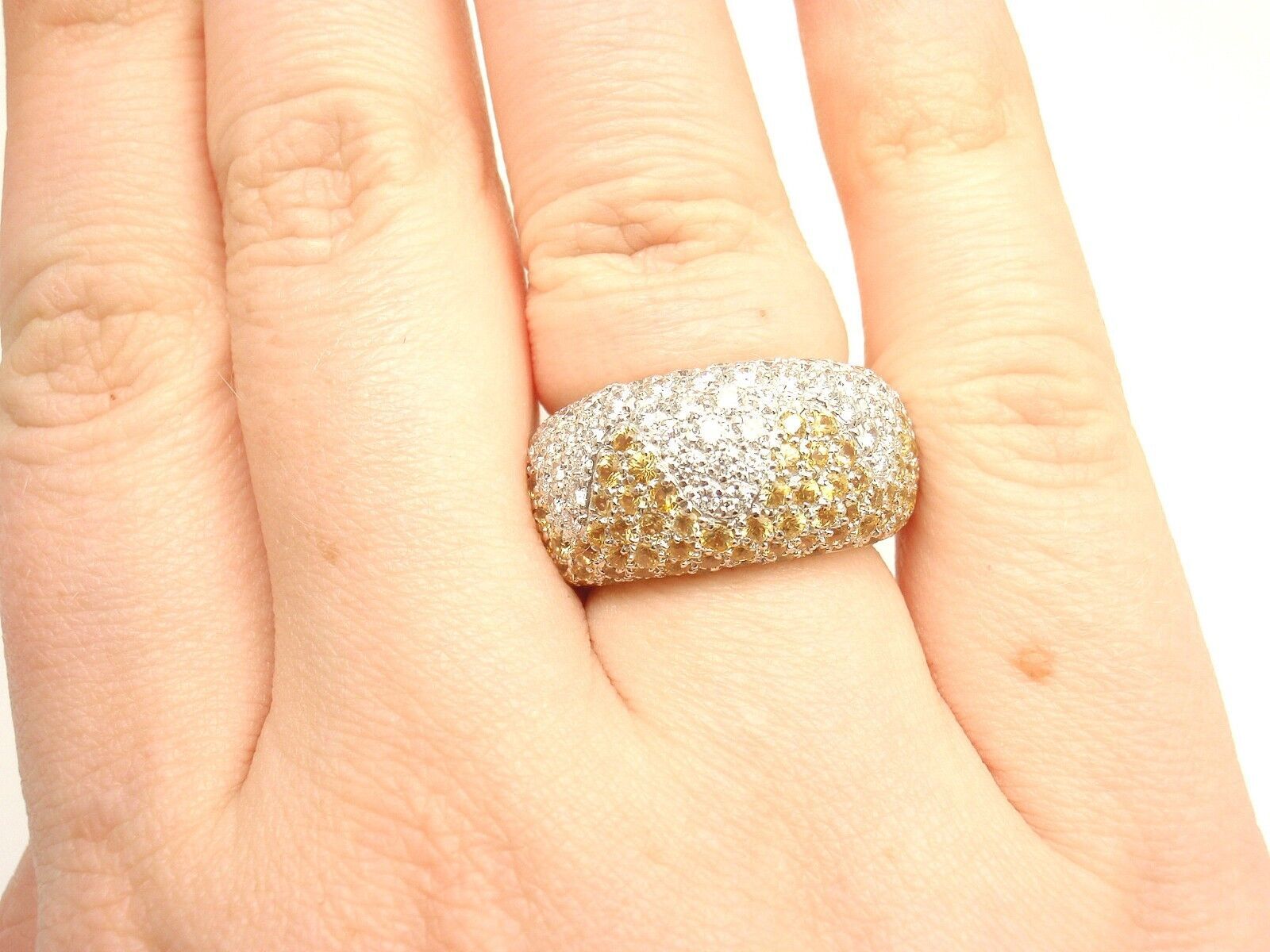 Authentic! Chopard 18k White Gold Yellow Sapphire Diamond Wave Wide Band Ring | Fortrove