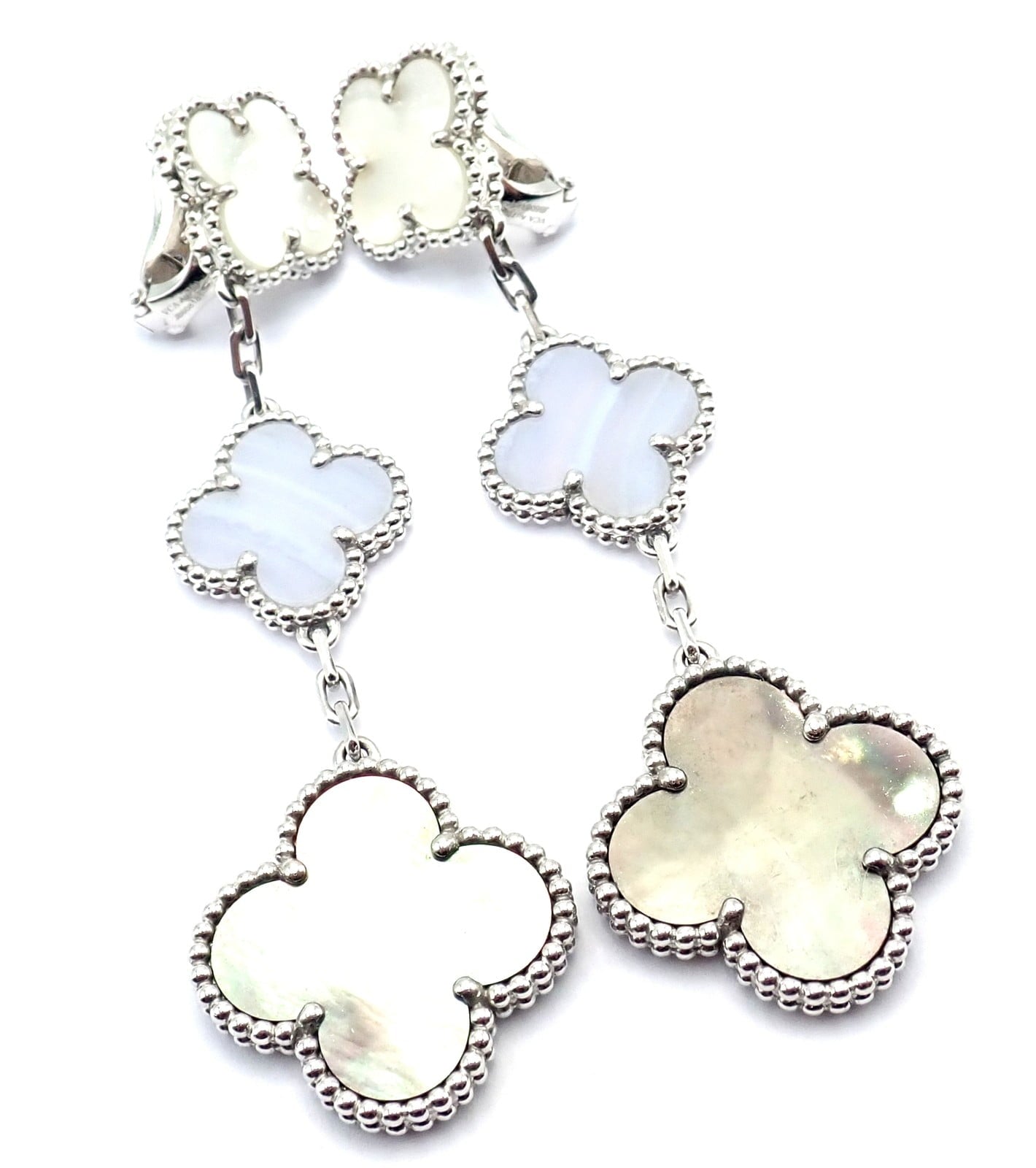 Van Cleef & Arpels Jewelry & Watches:Fine Jewelry:Earrings Van Cleef & Arpels 18k White Gold Magic Alhambra MOP Chalcedony Earrings Cert.