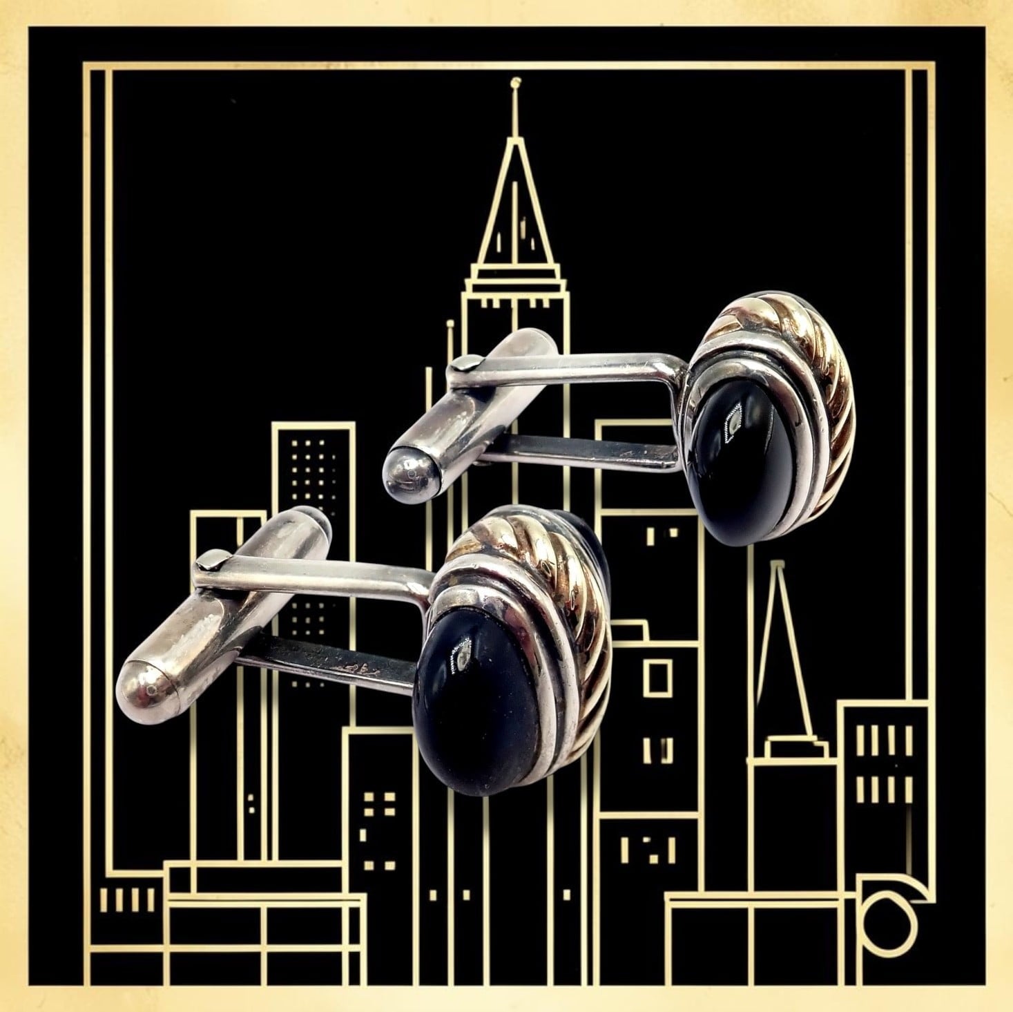 David Yurman Jewelry & Watches:Men's Jewelry:Cufflinks Authentic! David Yurman DY Silver 14k Yellow Gold Onyx Double Oval Cufflinks