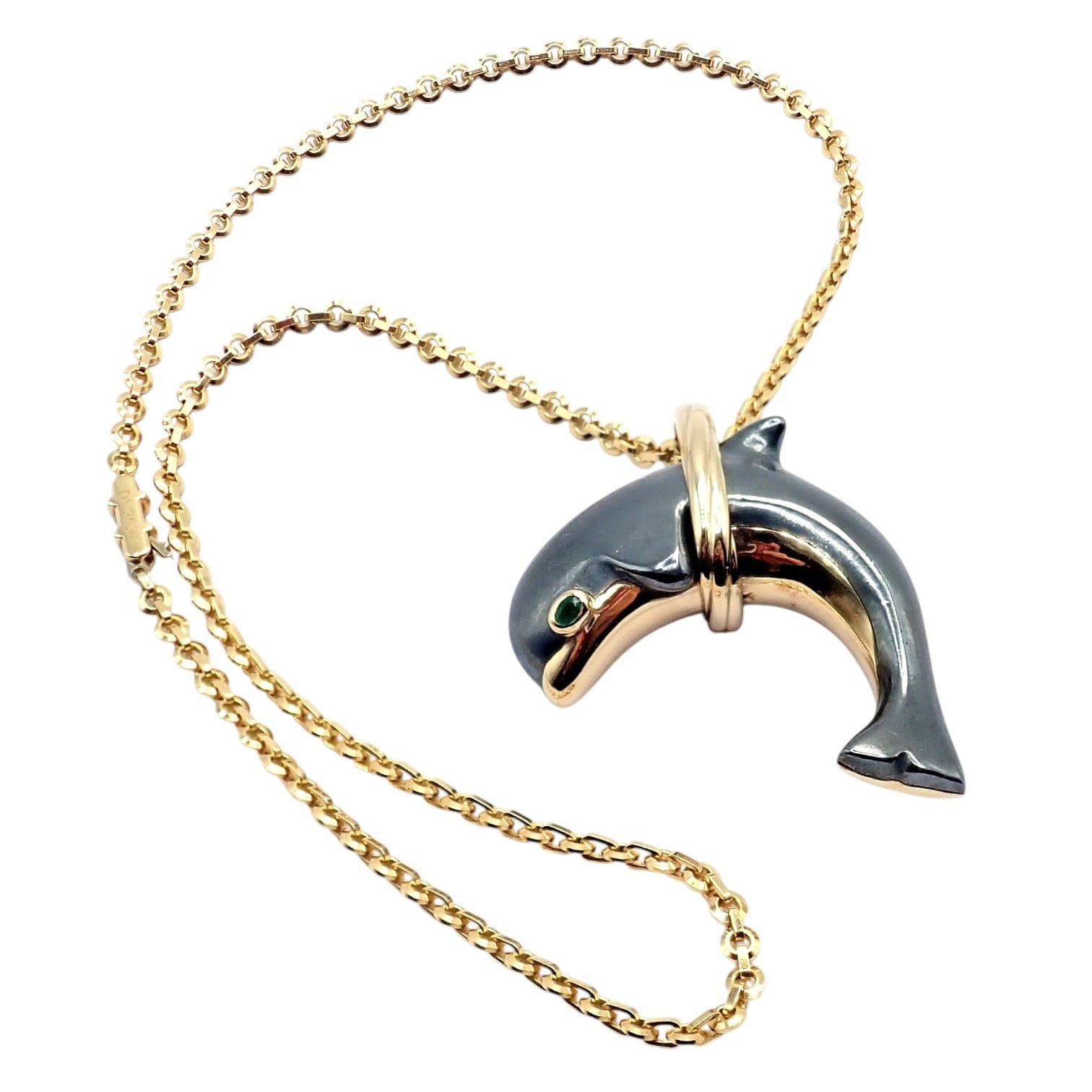 Rare! Authentic Cartier 18k Yellow Gold Hematite Dolphin Pendant Link Necklace | Fortrove