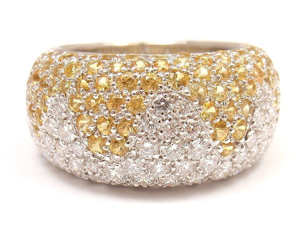 Authentic! Chopard 18k White Gold Yellow Sapphire Diamond Wave Wide Band Ring | Fortrove