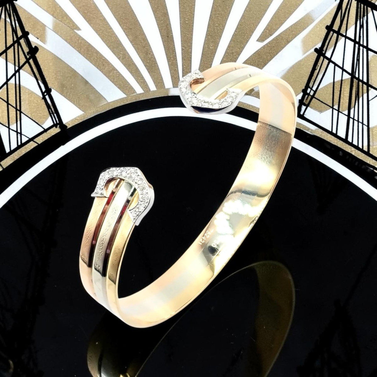 Cartier Jewelry & Watches:Fine Jewelry:Bracelets & Charms Authentic! Cartier 18k Tri-Color Gold Diamond Double C Cuff Bangle Bracelet