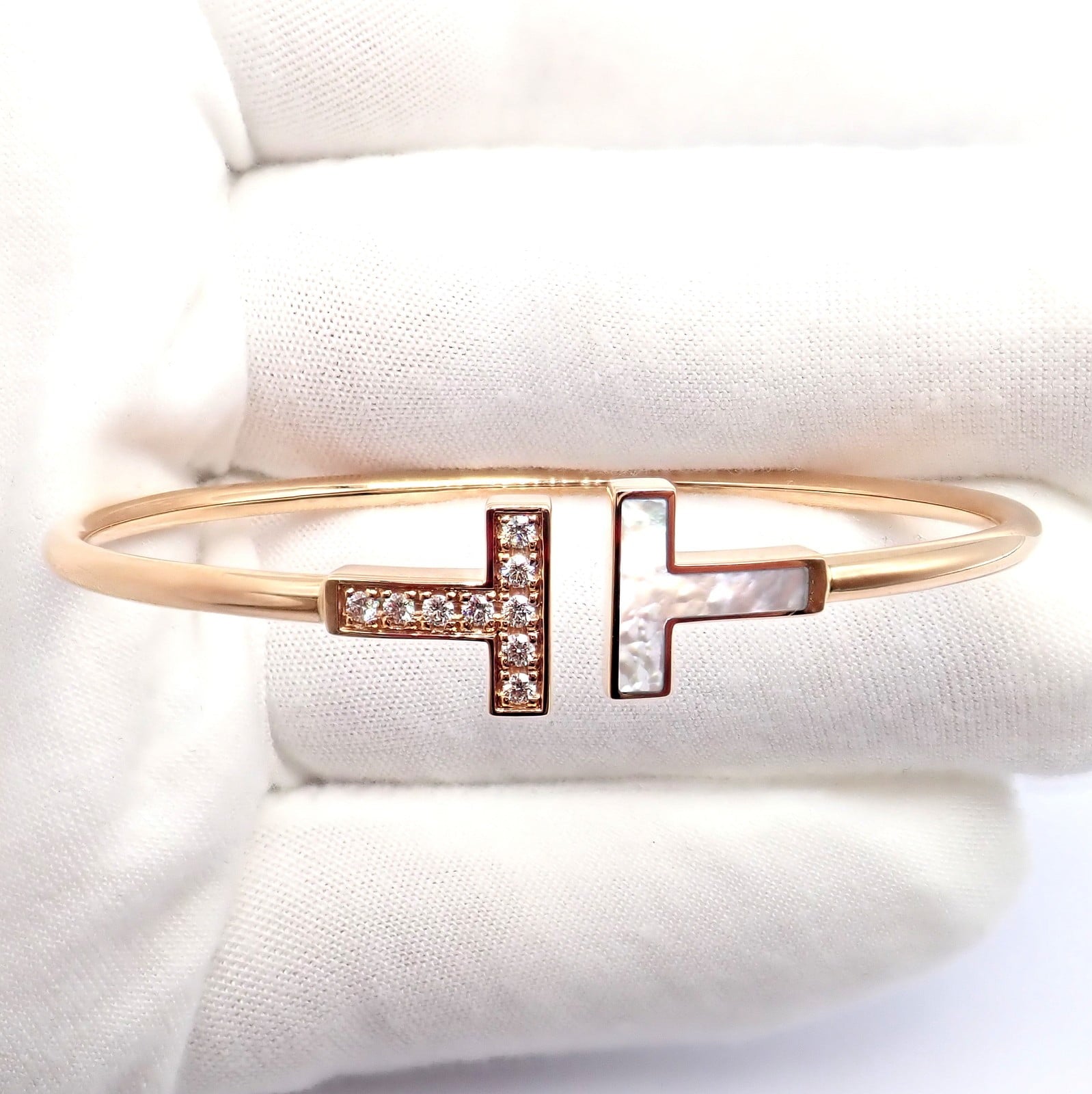 Authentic! Tiffany & Co 18k Yellow Gold Diamond T Wire Mother of Pearl Bracelet | Fortrove