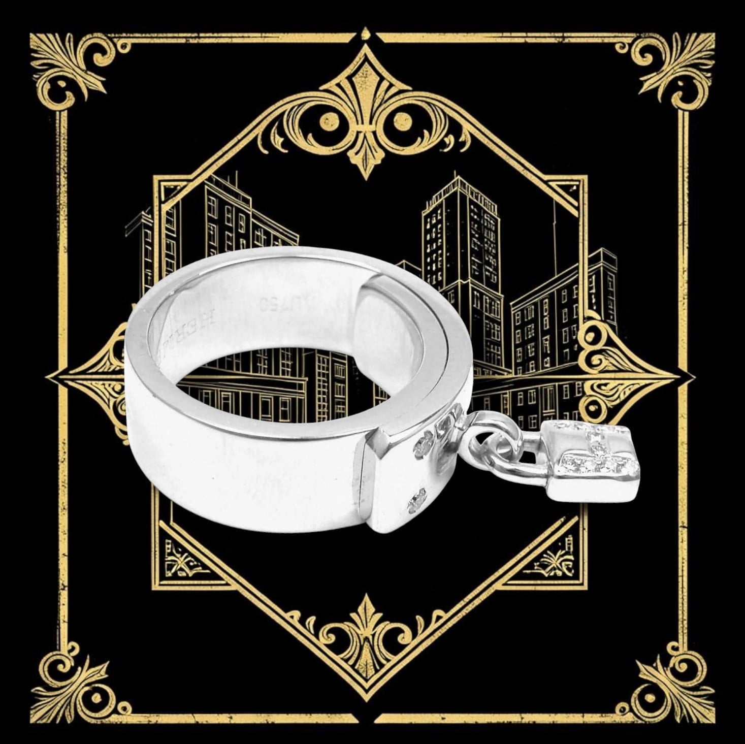 Rare! Authentic Hermes 18k White Gold "H" Lock Band Diamond Ring | Fortrove