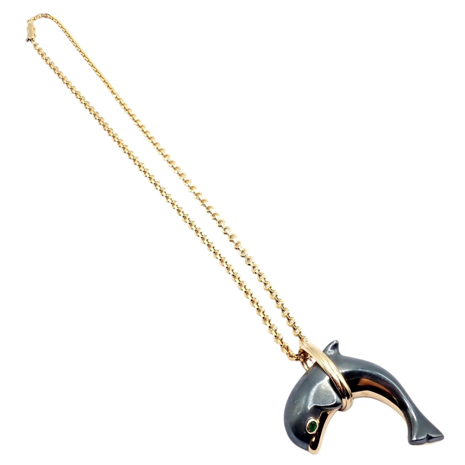 Rare! Authentic Cartier 18k Yellow Gold Hematite Dolphin Pendant Link Necklace | Fortrove