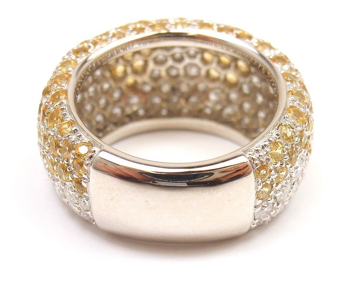 Authentic! Chopard 18k White Gold Yellow Sapphire Diamond Wave Wide Band Ring | Fortrove