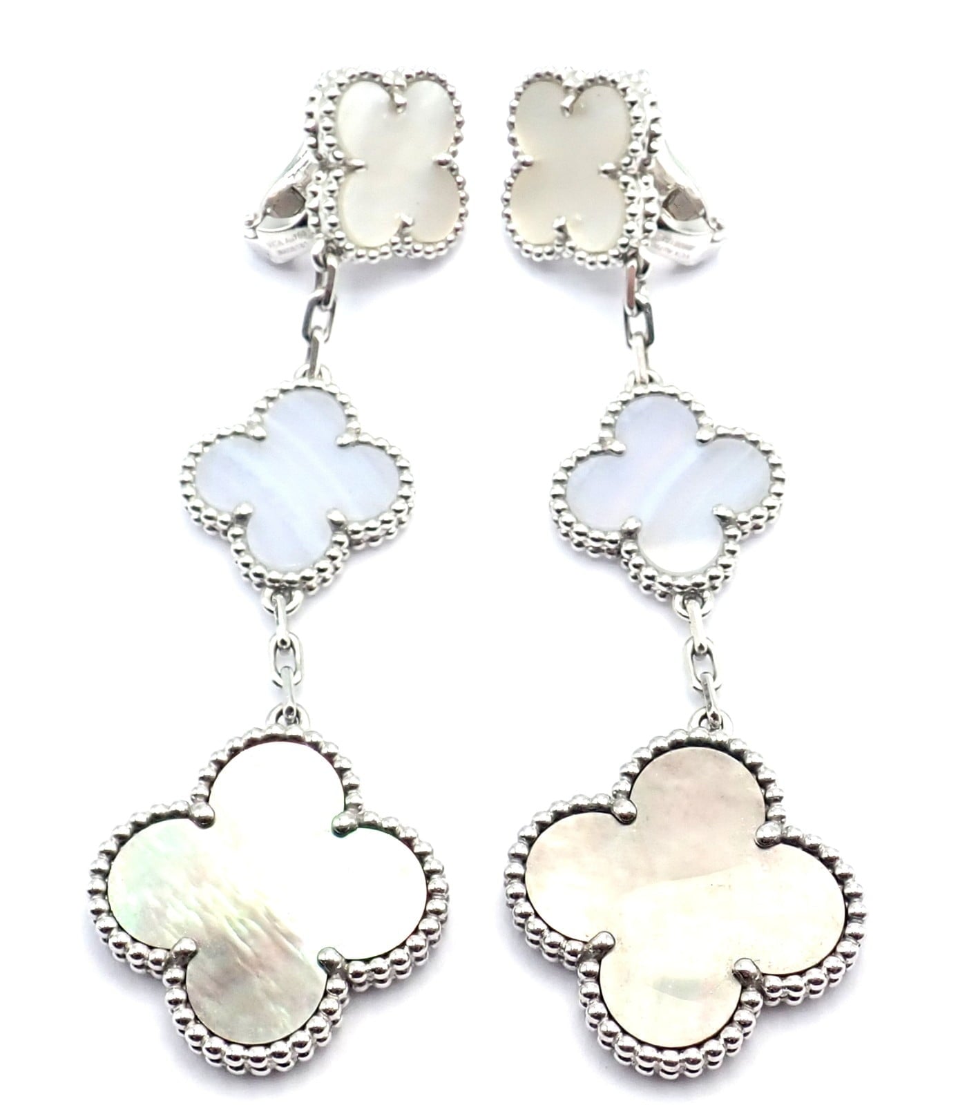 Van Cleef & Arpels Jewelry & Watches:Fine Jewelry:Earrings Van Cleef & Arpels 18k White Gold Magic Alhambra MOP Chalcedony Earrings Cert.
