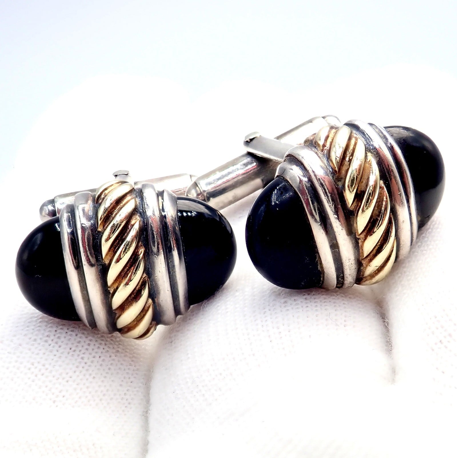 David Yurman Jewelry & Watches:Men's Jewelry:Cufflinks Authentic! David Yurman DY Silver 14k Yellow Gold Onyx Double Oval Cufflinks
